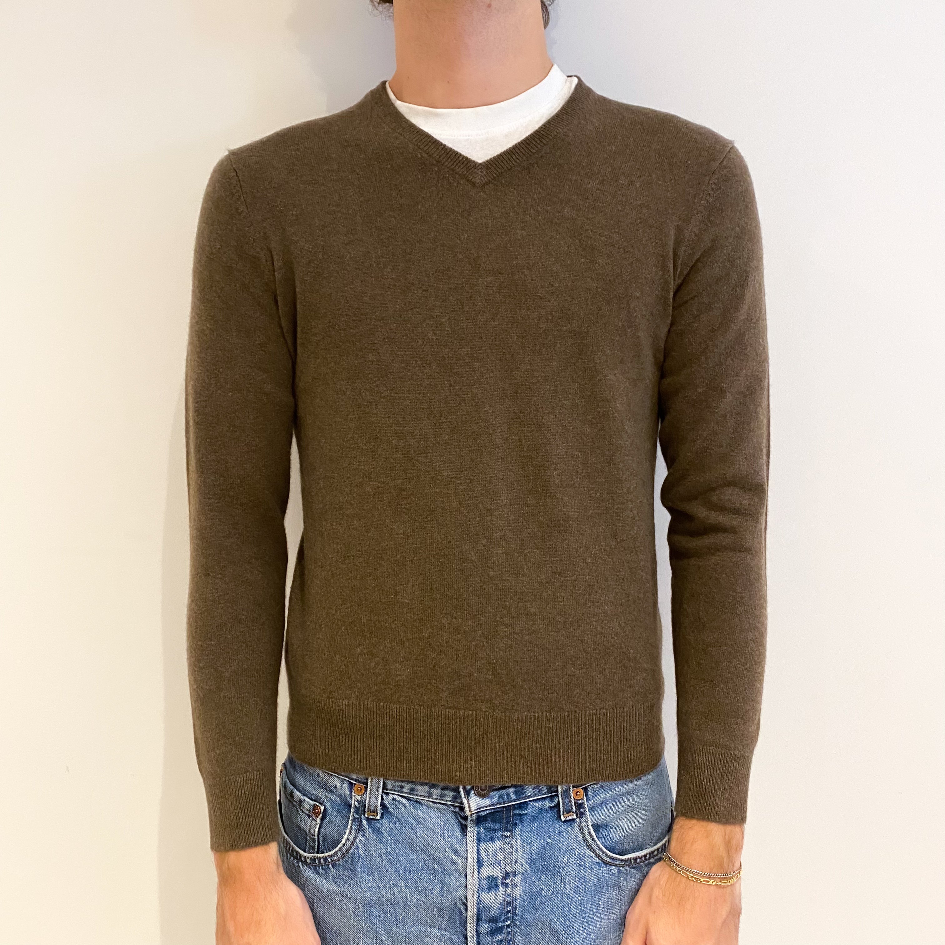 Men's Pecan Brown Cashmere V Neck Jumper Medium