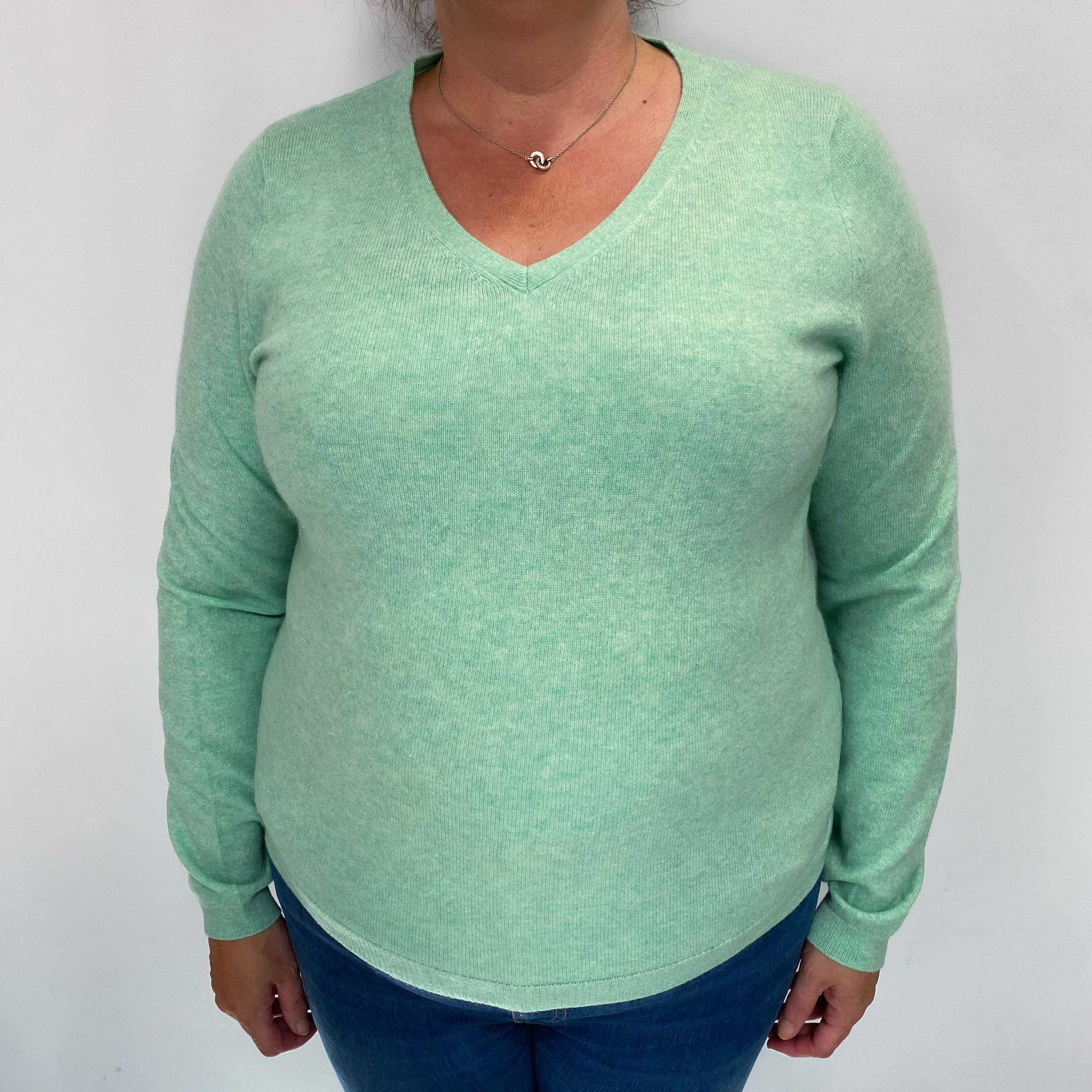 Spring Green Marl Cashmere V Neck Jumper Extra Large