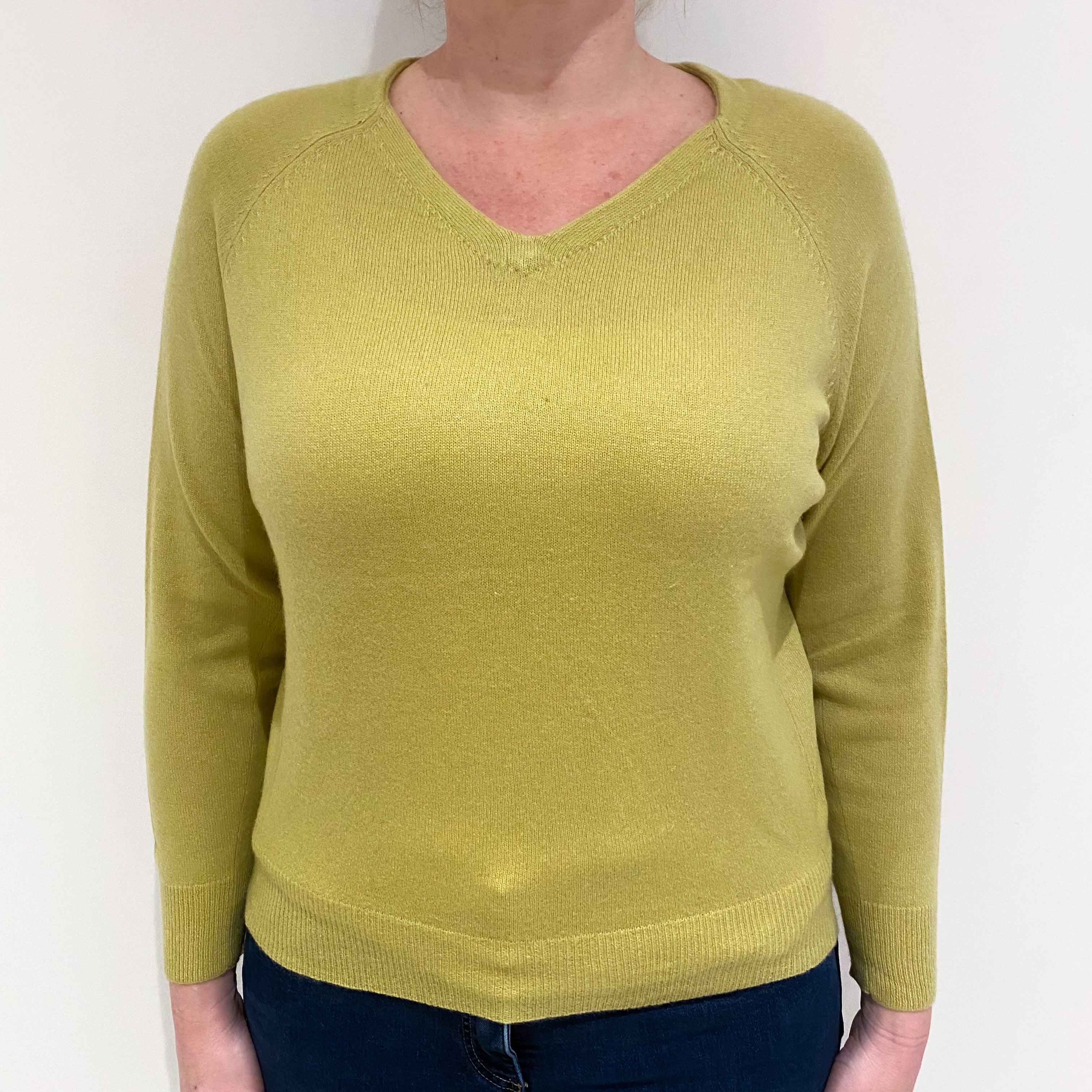 Avocado Green Cashmere V Neck Jumper Large