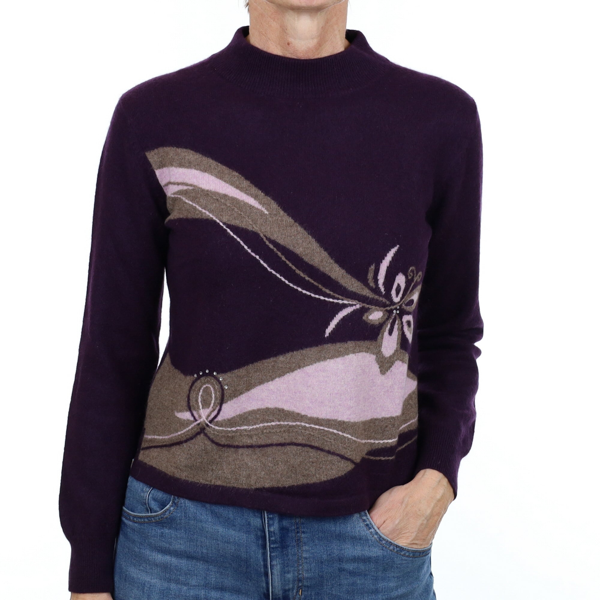 Blueberry Purple Floral Cashmere Turtle Neck Jumper Small