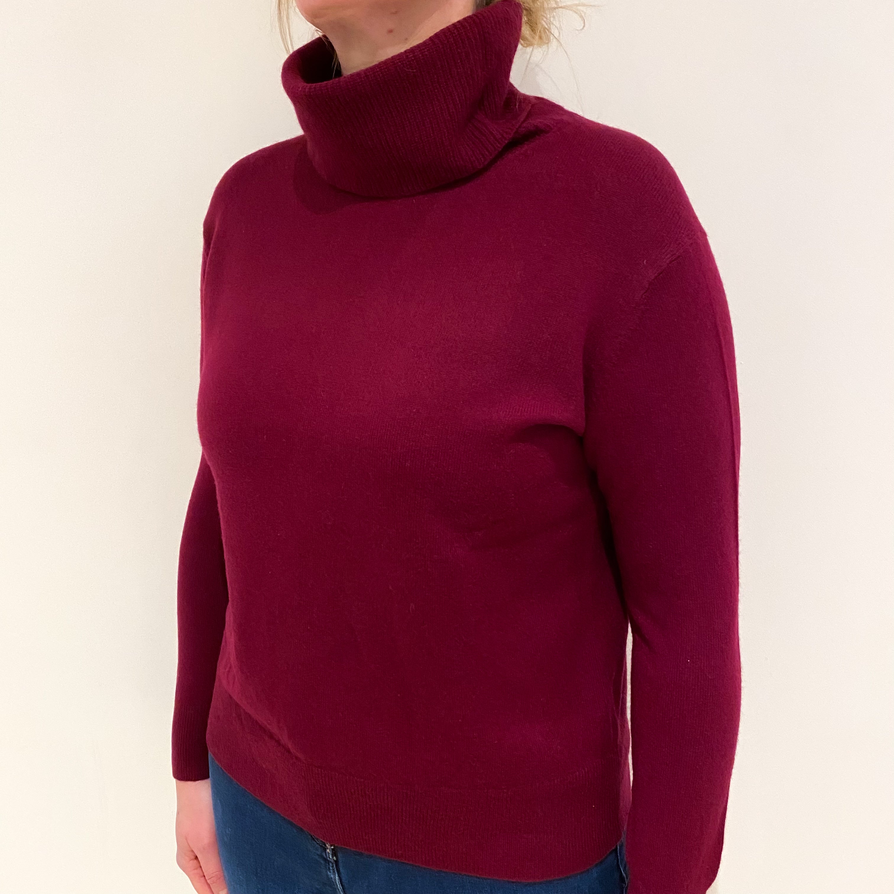 Burgundy Red Cashmere Polo Neck Jumper Large