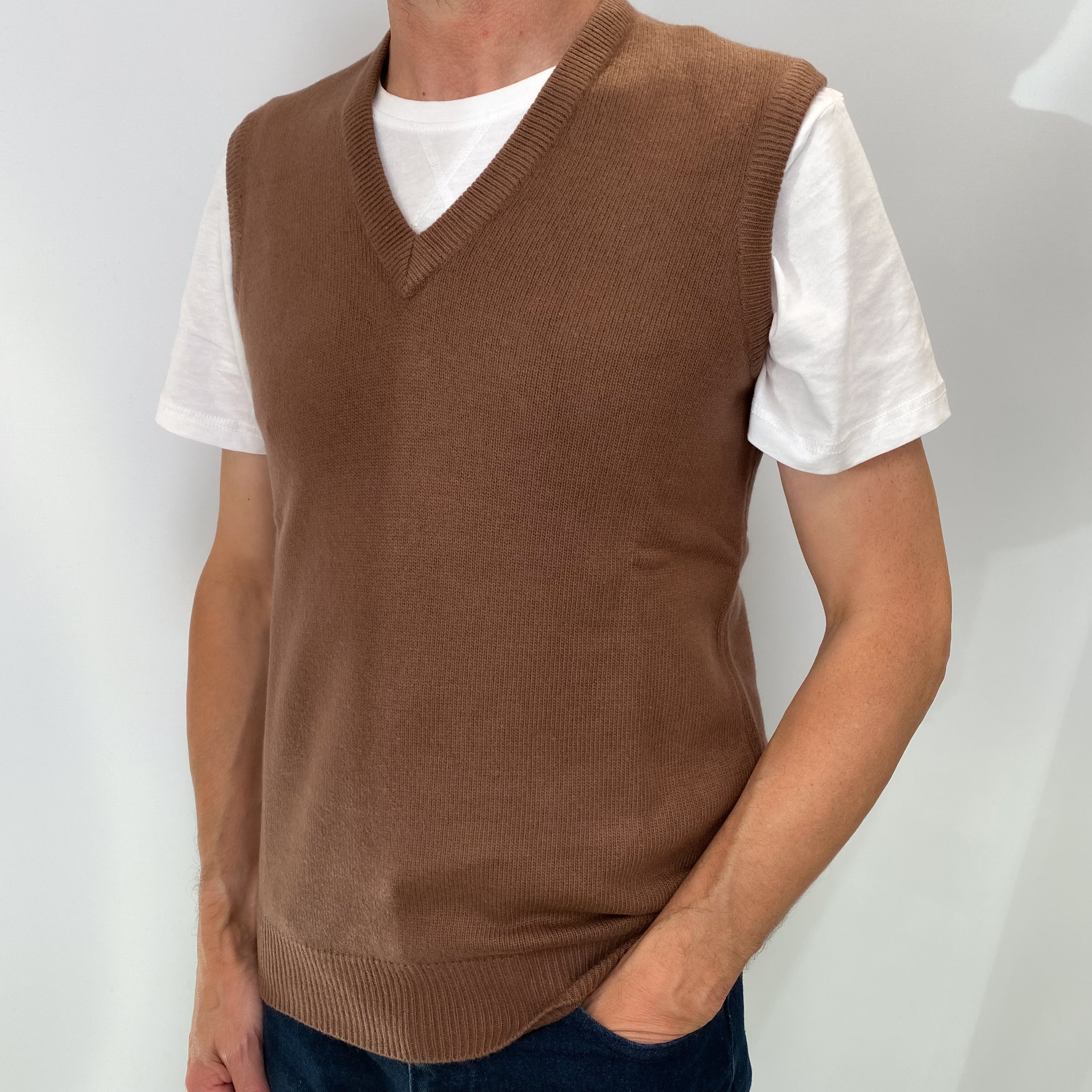 Rust Brown Men's Cashmere V Neck Sleeveless Jumper Small