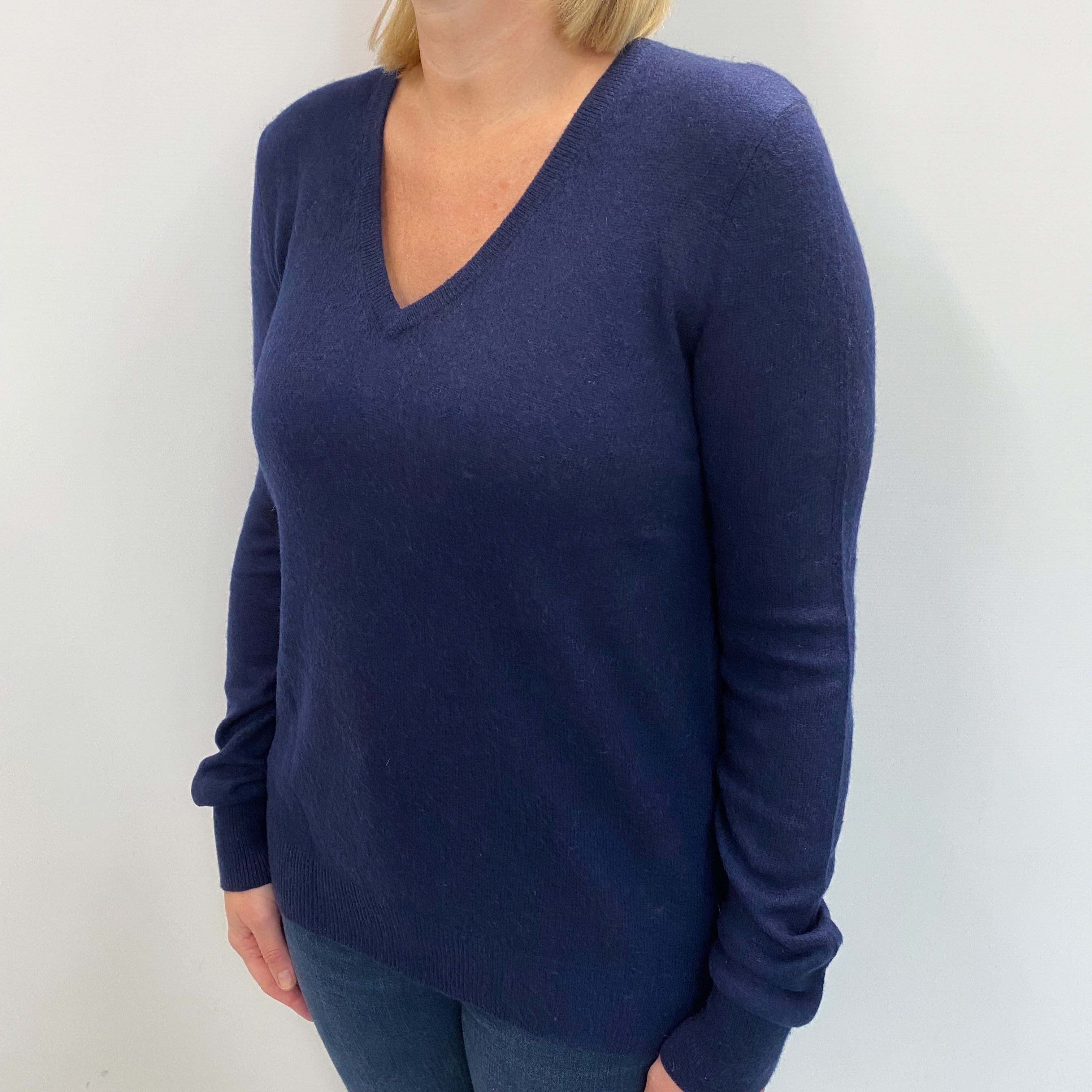 Navy Blue Cashmere V Neck Jumper Large