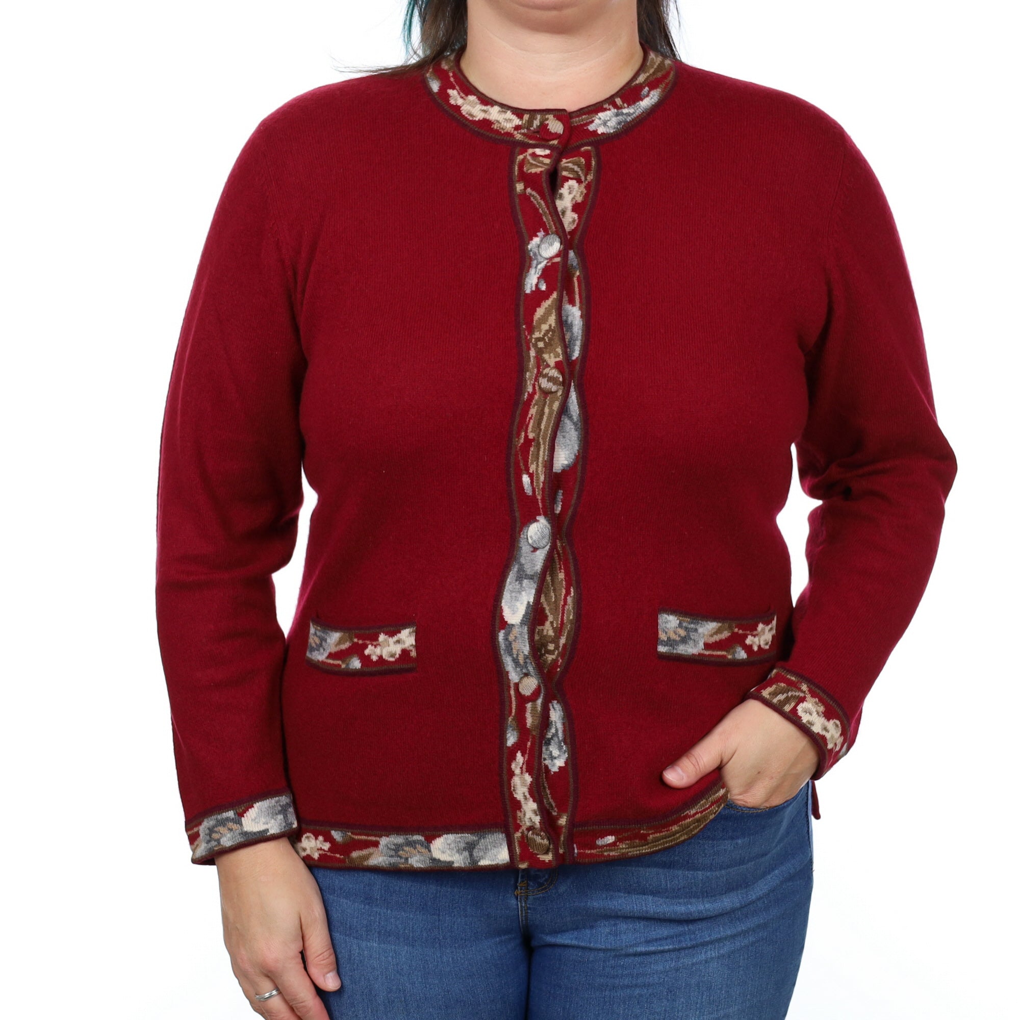 Burgundy Red Cashmere Crew Neck Cardigan Large