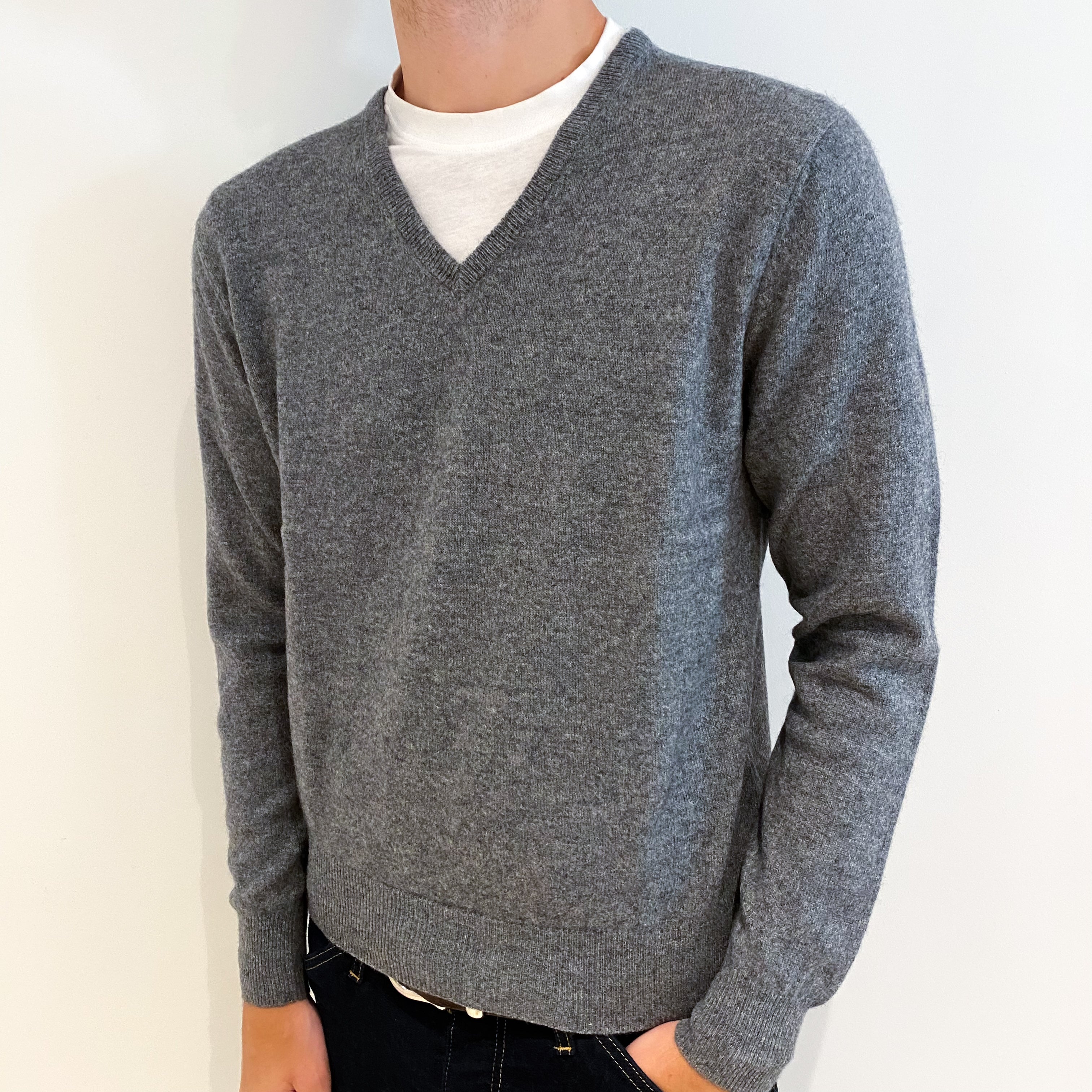 Men's Slate Grey Cashmere V-Neck Jumper Medium