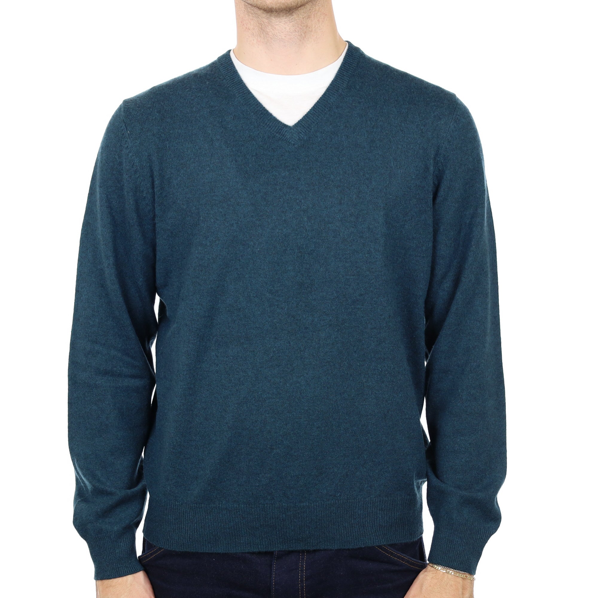 Men's Petrol Blue Cashmere V Neck Jumper Large