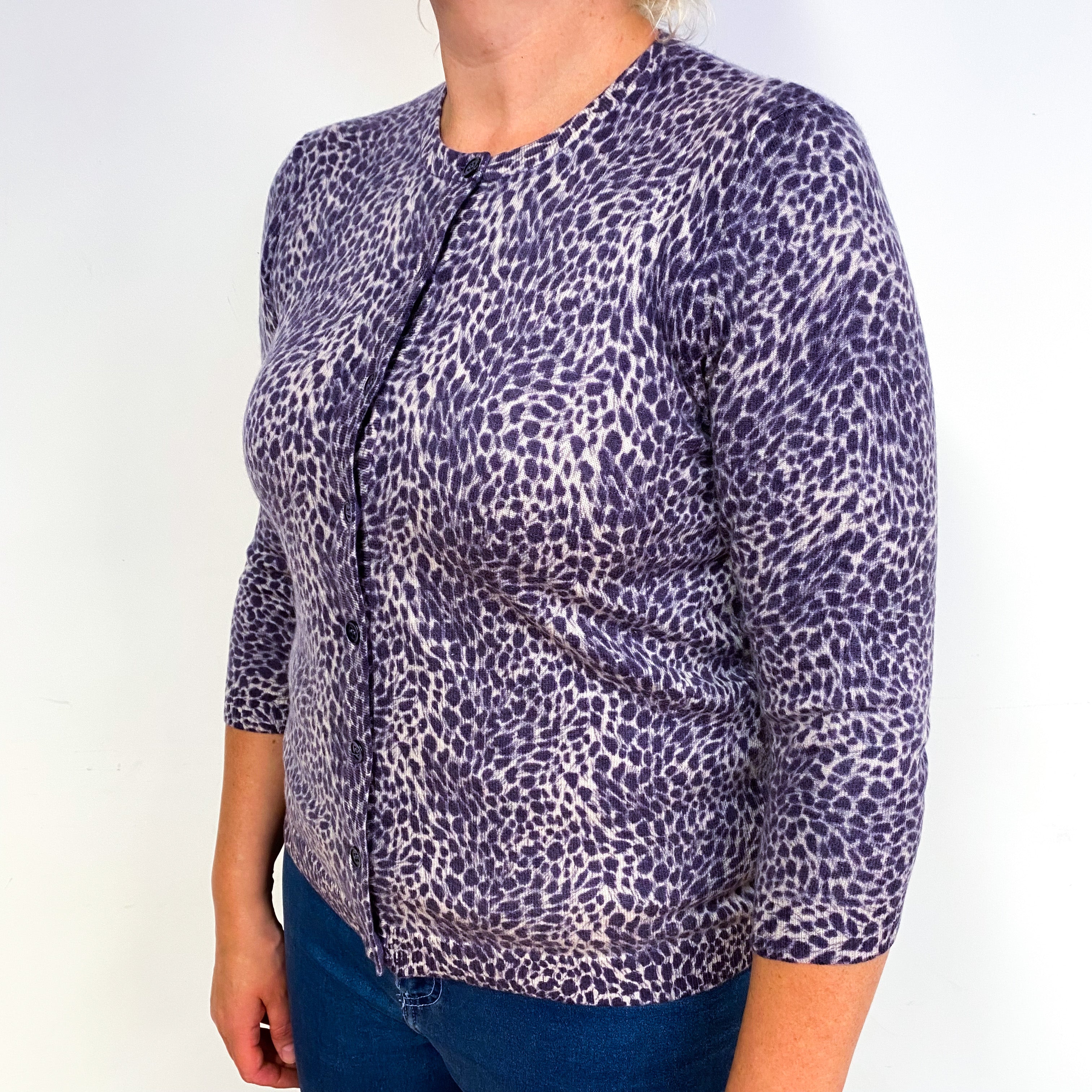Purple Animal Print Cashmere Crew Neck Cardigan Large