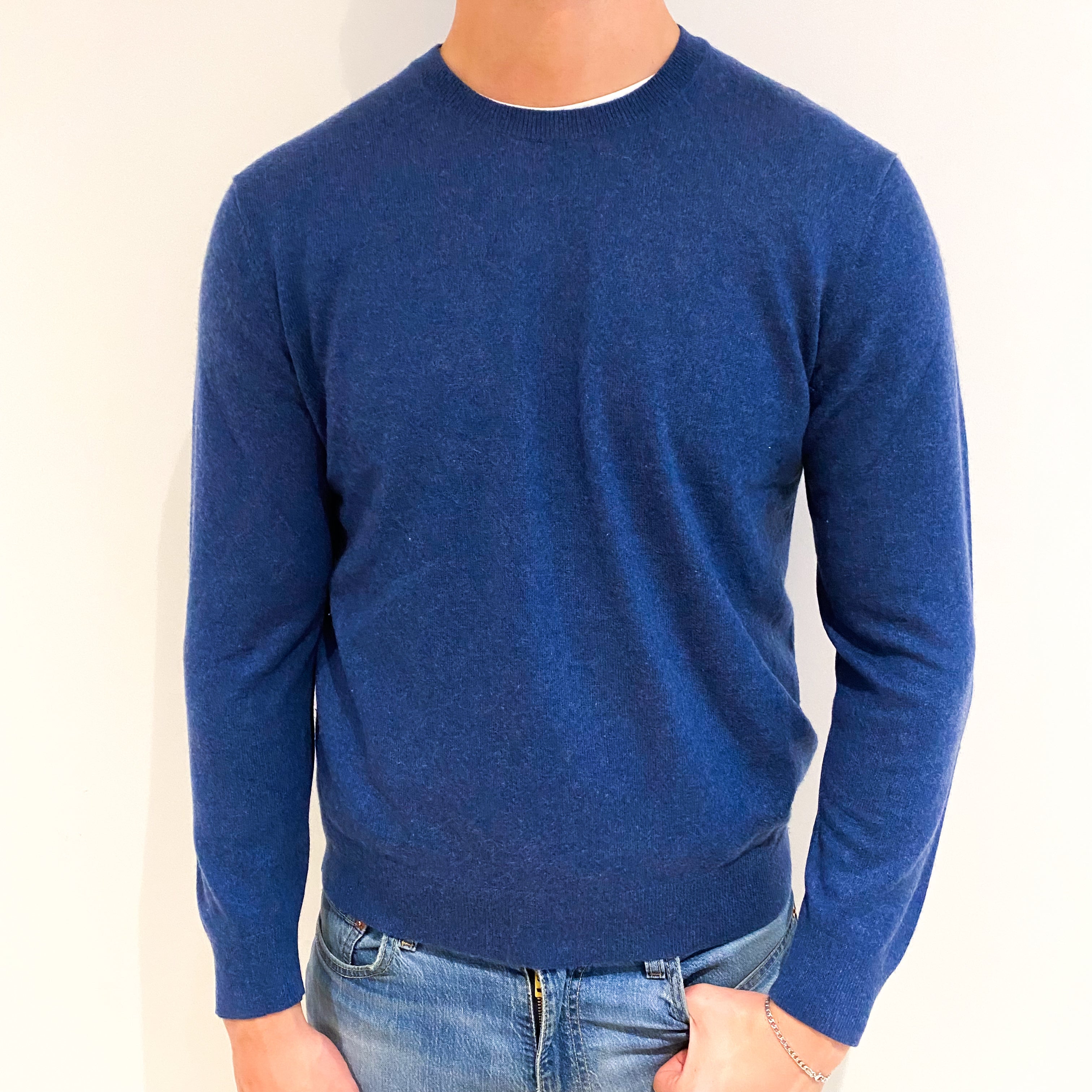 Men's Deep Denim Blue Cashmere Crew Neck Jumper XL