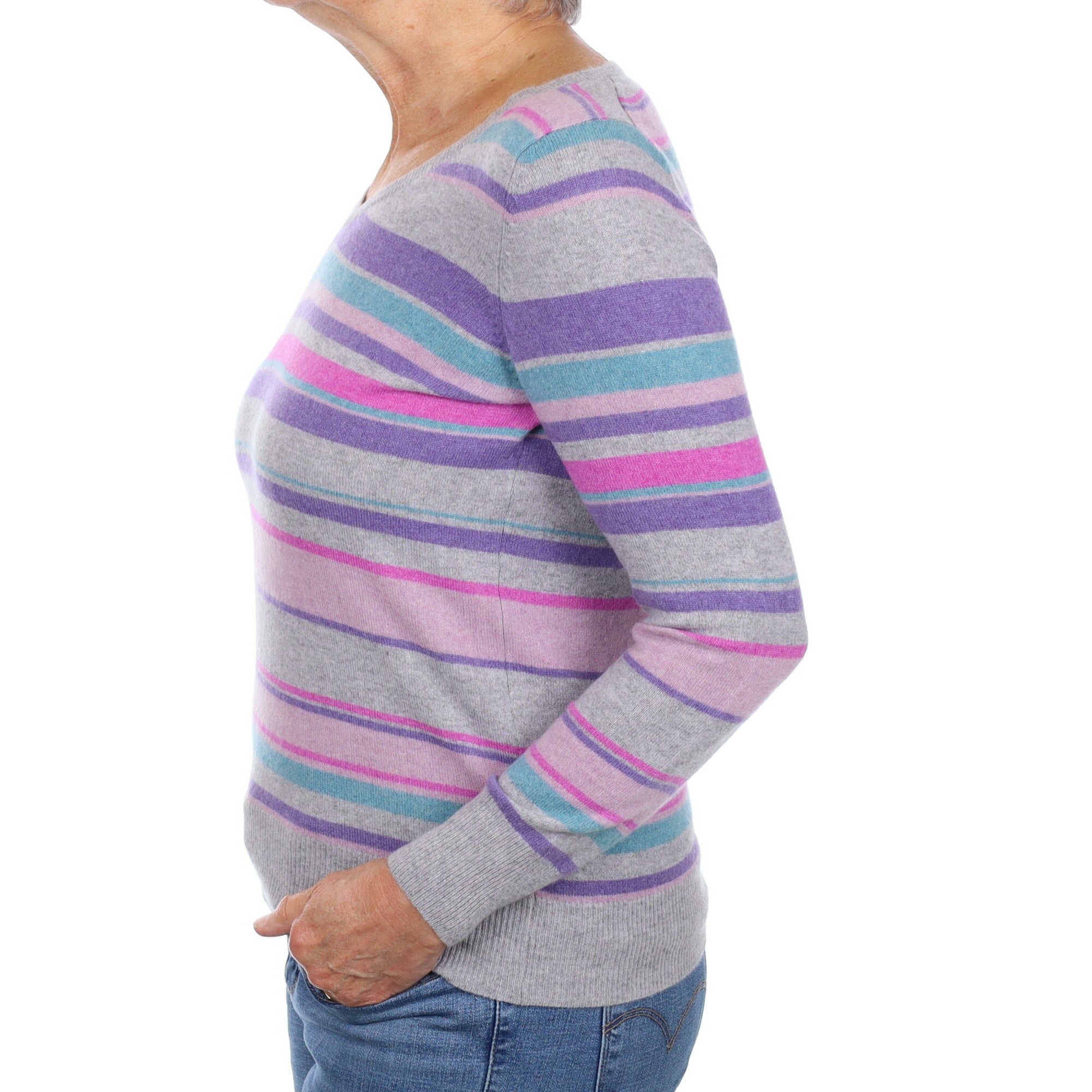 Grey and Purple Stripe Cashmere V Neck Jumper Medium