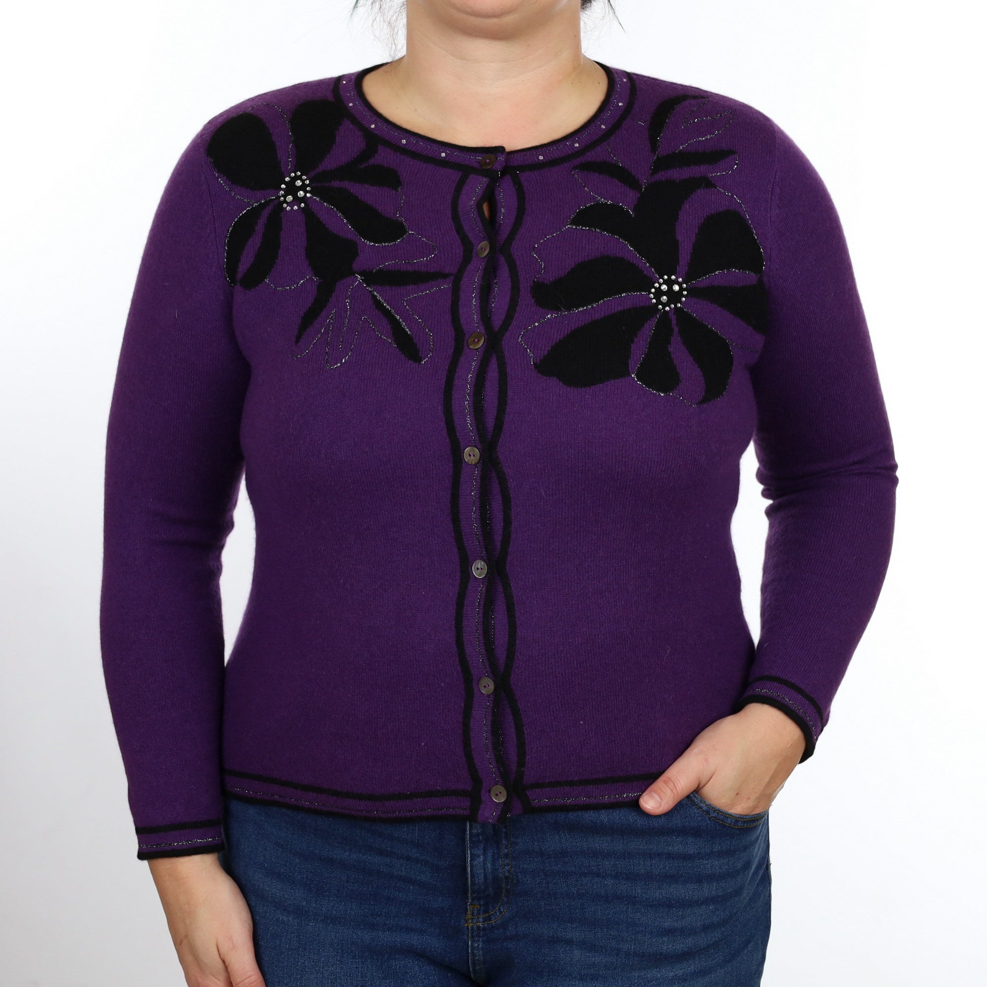 Purple Floral Embellished Cashmere Crew Neck Cardigan Large