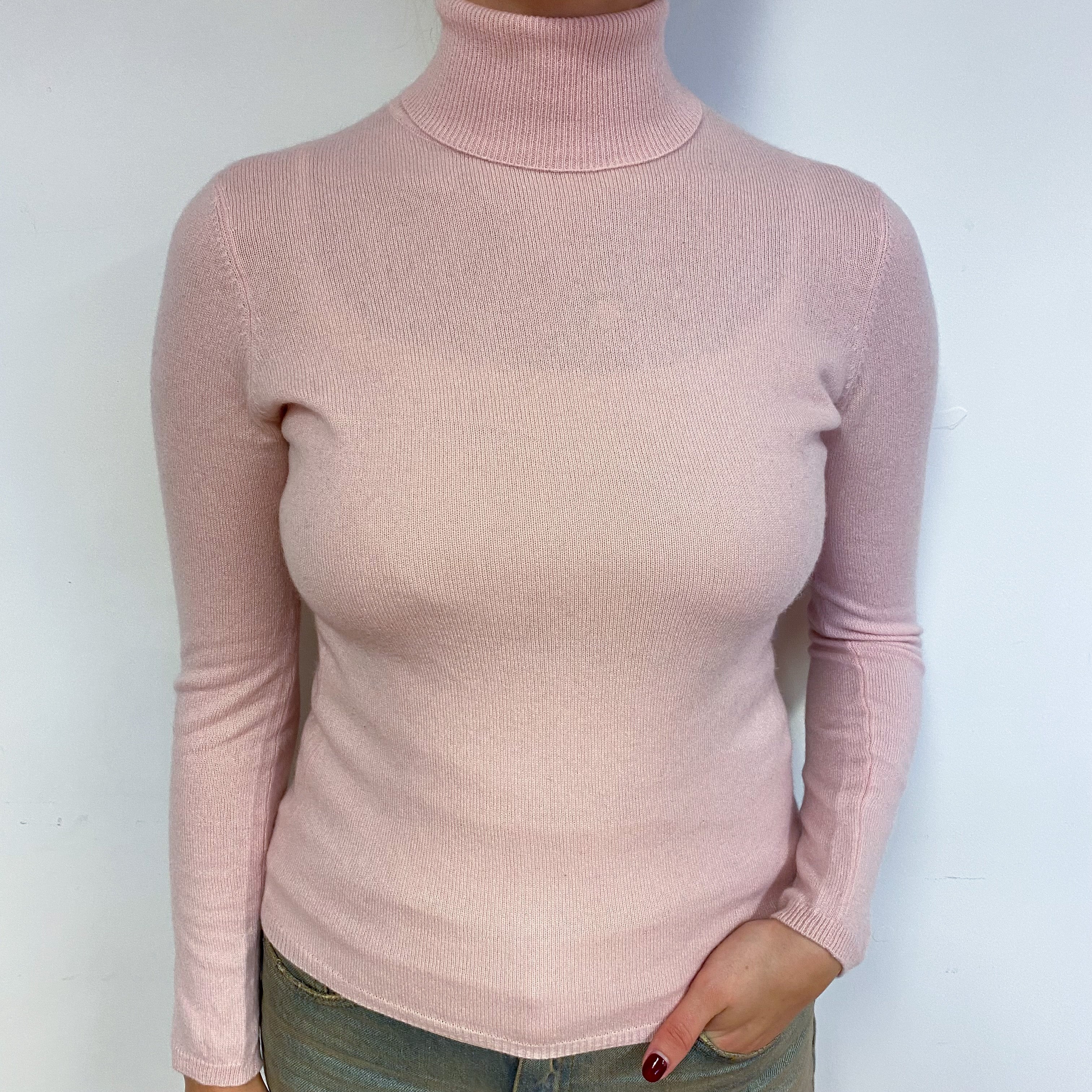 Carnation Pink Cashmere Polo Neck Jumper Small