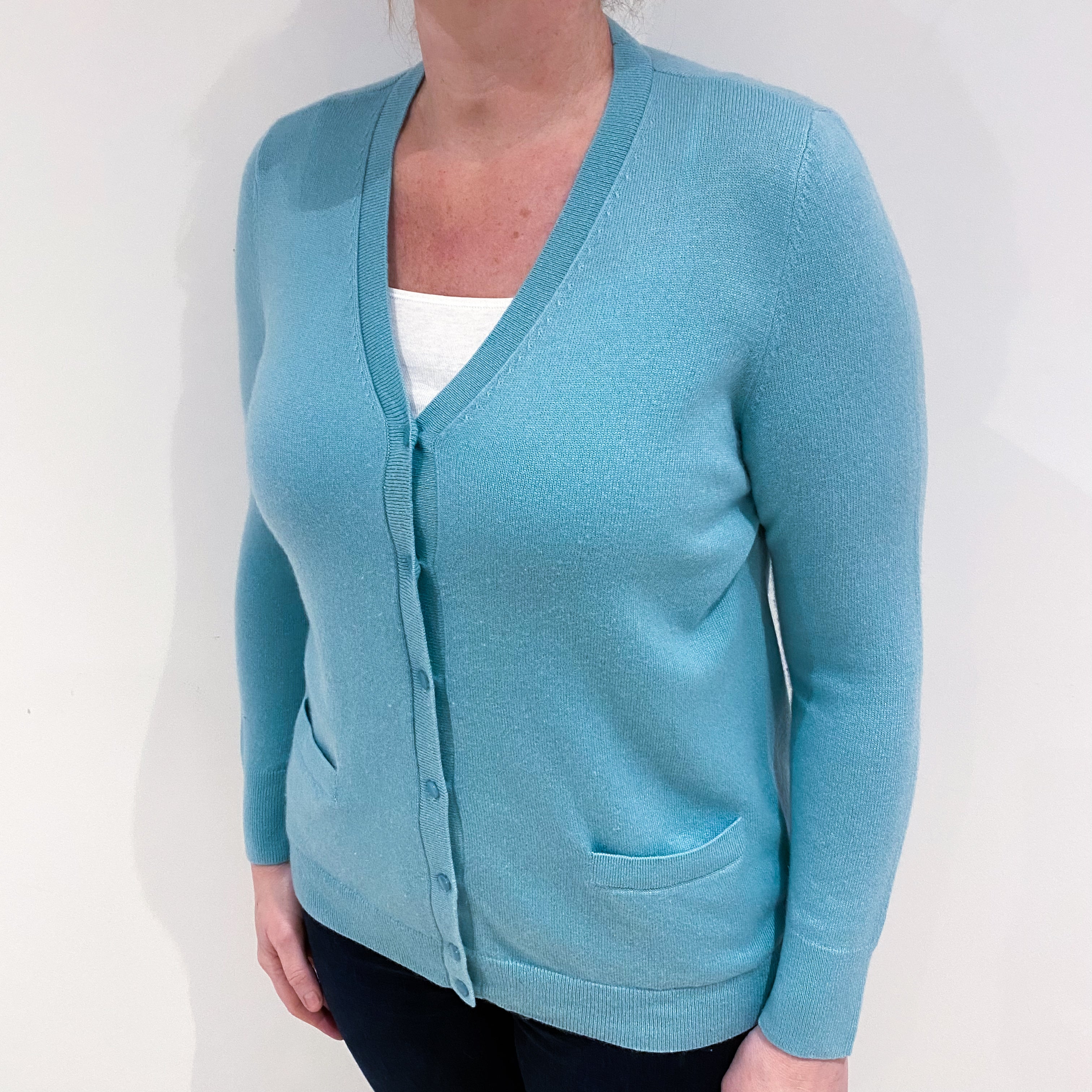 Deep Mint Green Cashmere V Neck Cardigan with Pockets Large