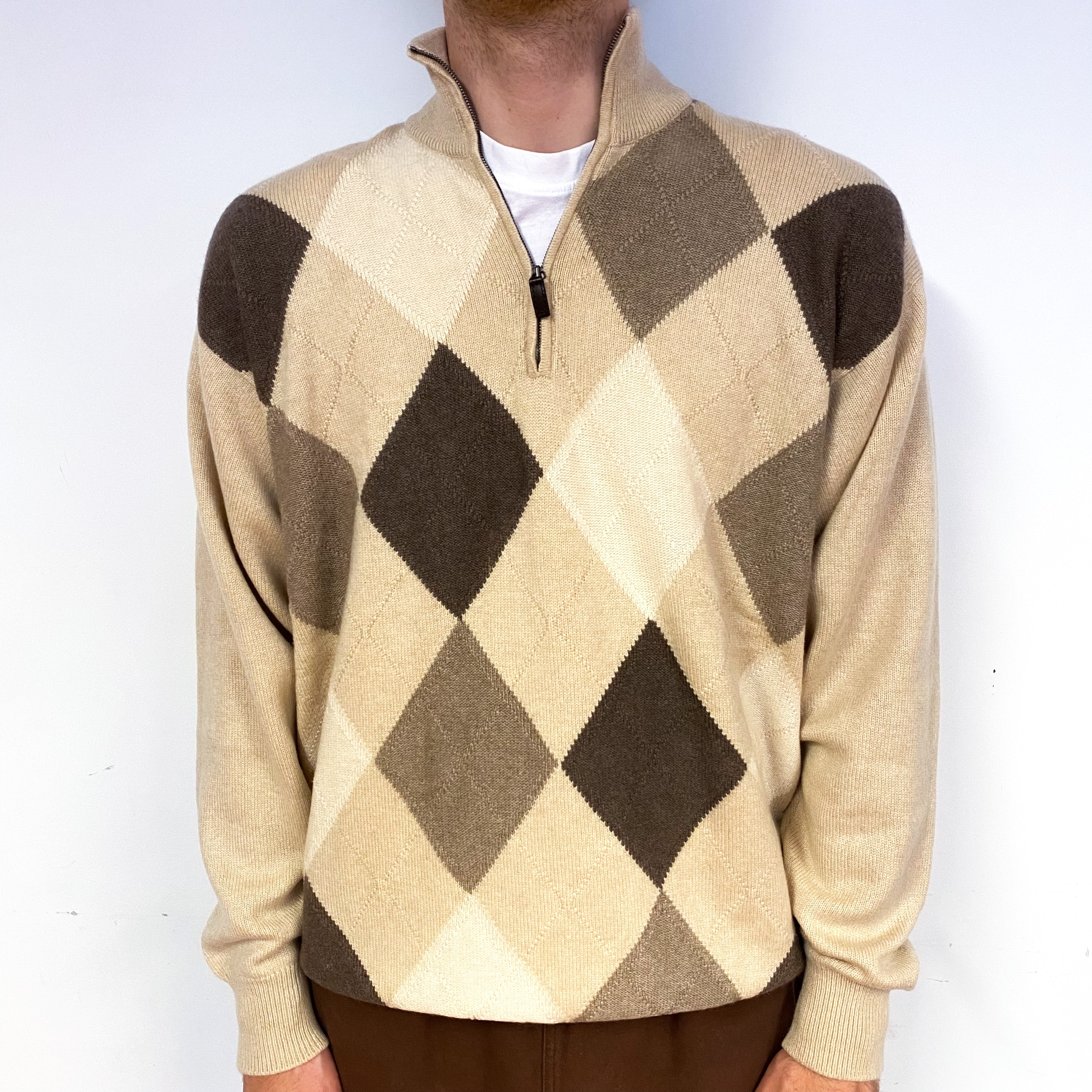 Men's Scottish Beige Mocha Diamond Cashmere 1/4 Zip Jumper Large