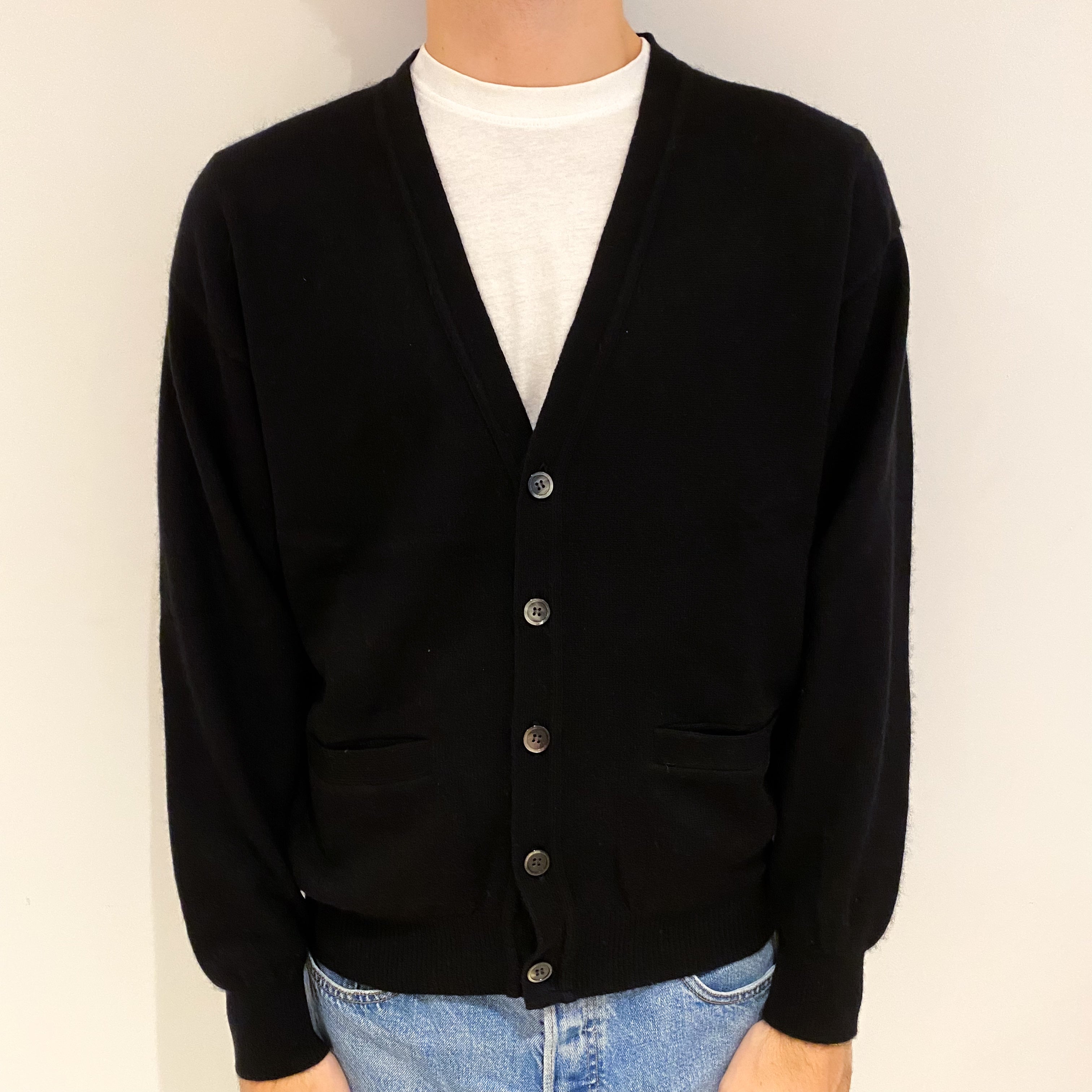 Men's Black Cashmere V Neck Cardigan with Pockets Large