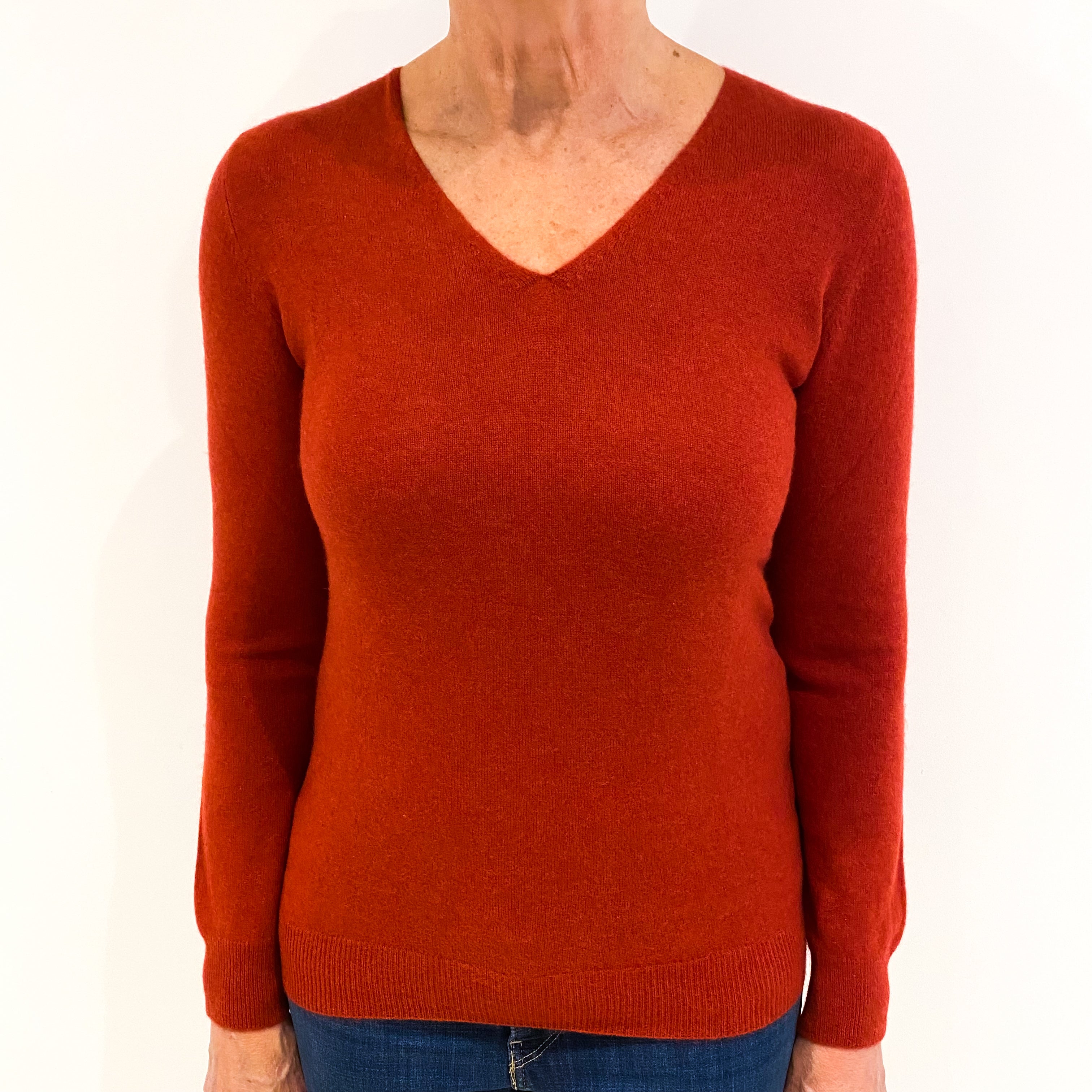 Rust Orange Cashmere V-Neck Jumper Medium