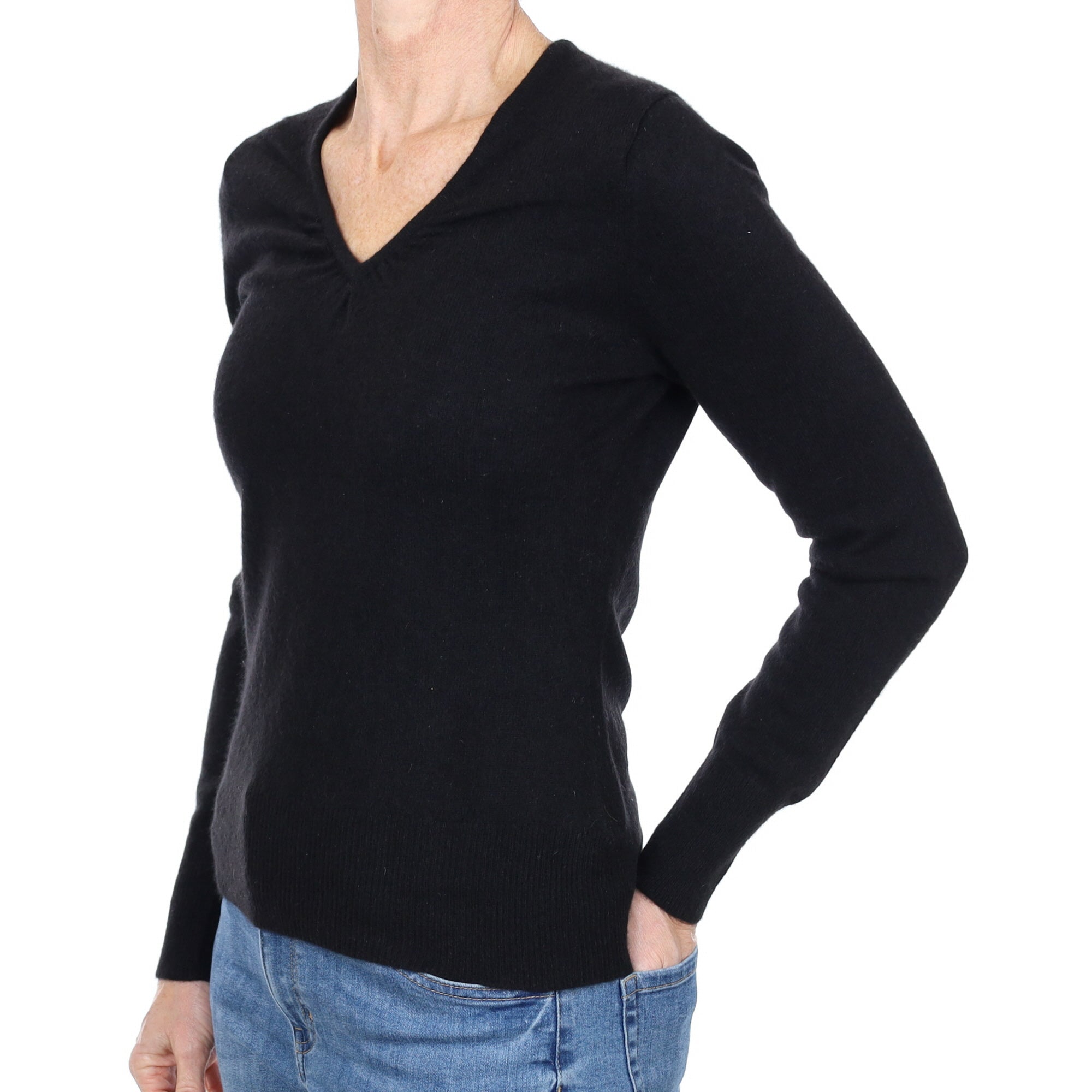 Black Cashmere Ruched V Neck Jumper Small