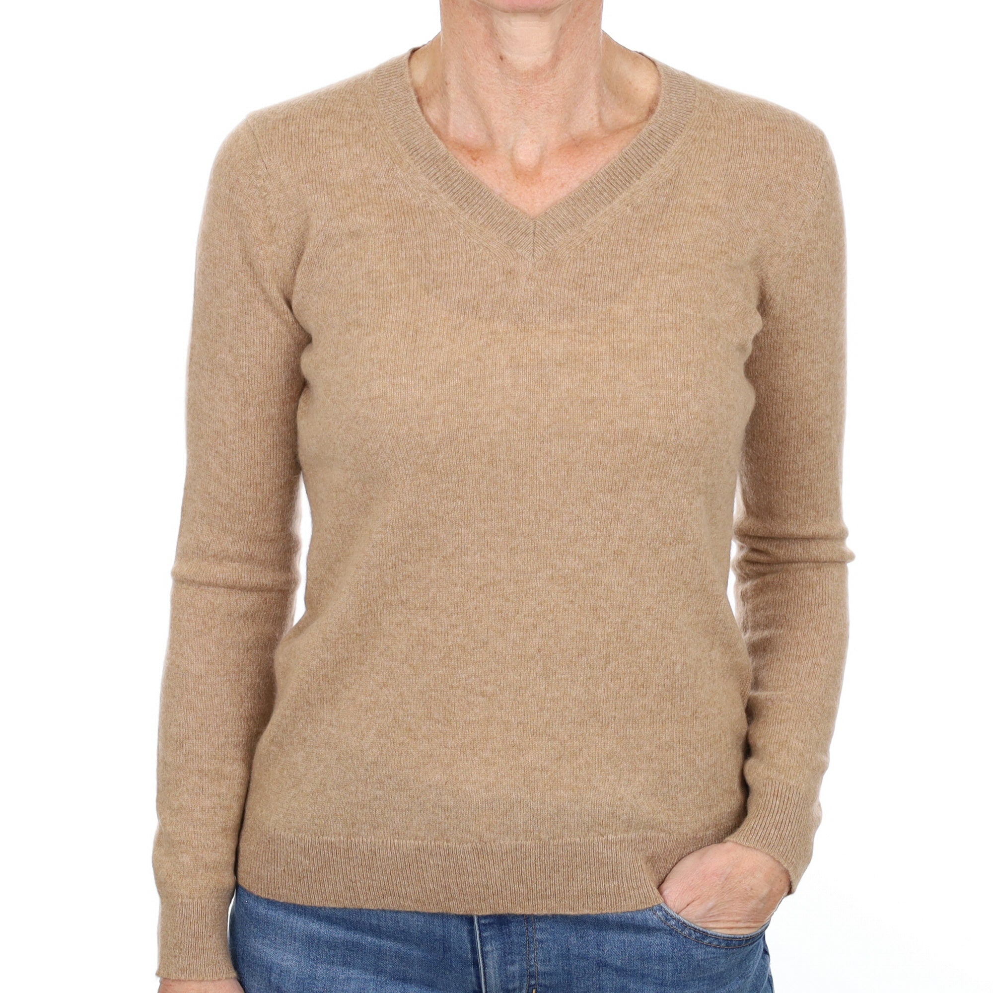 Biscuit Beige Cashmere V Neck Jumper Small