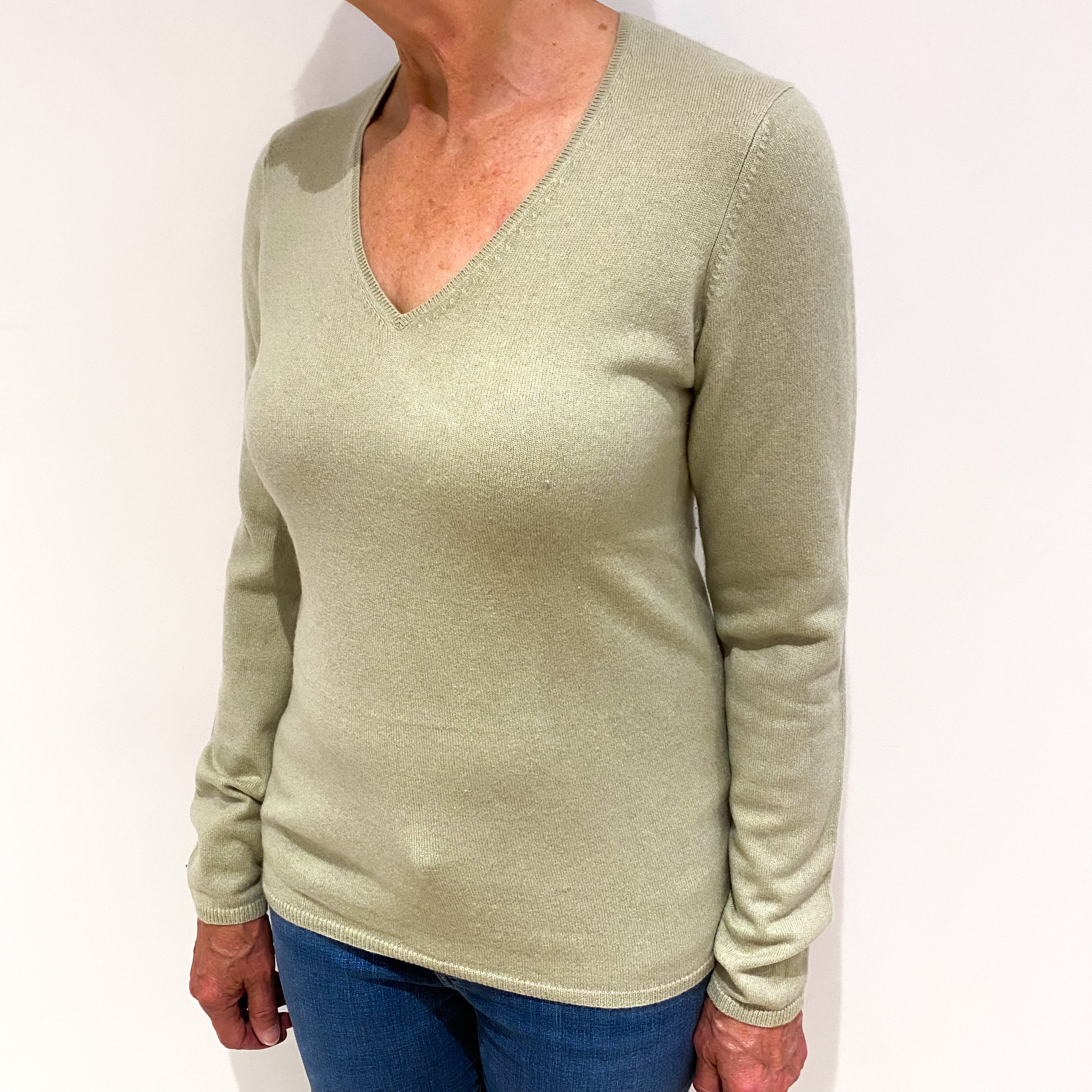 Celery Green Cashmere V Neck Jumper Medium