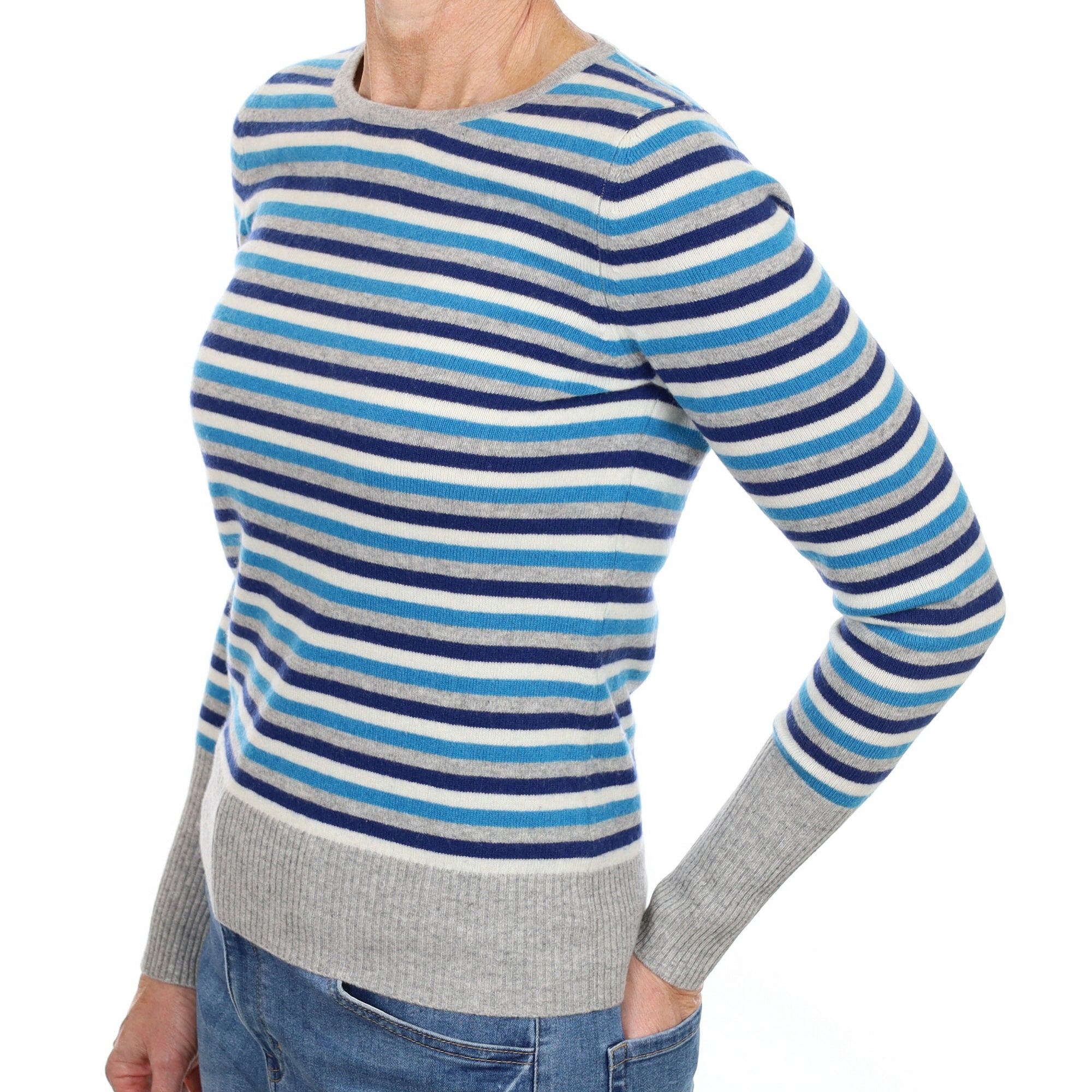 New Jaeger Grey and Blue Striped Cashmere Crew Neck Small