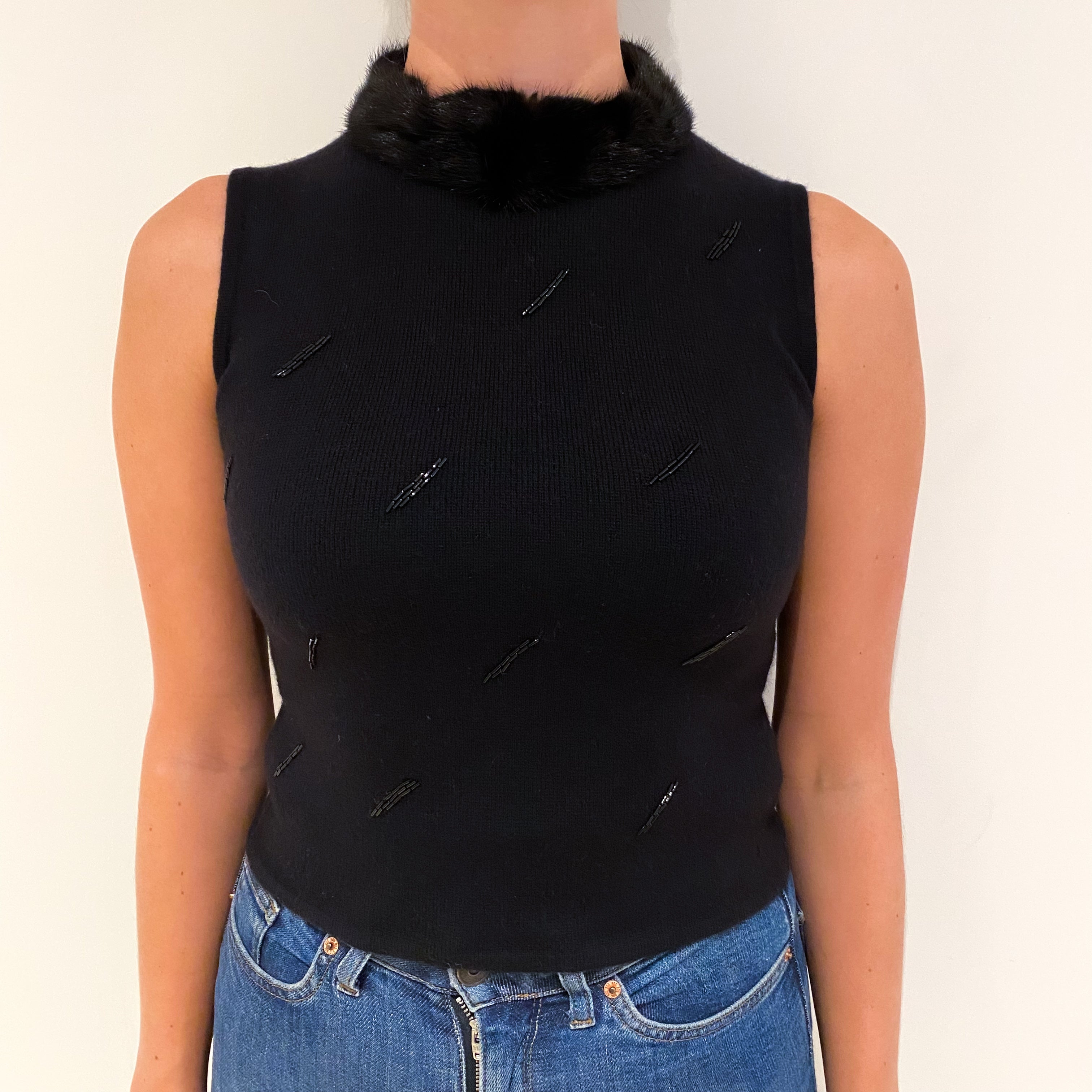 Hannah Mori Black Cashmere Turtle Neck Sleeveless Jumper Small