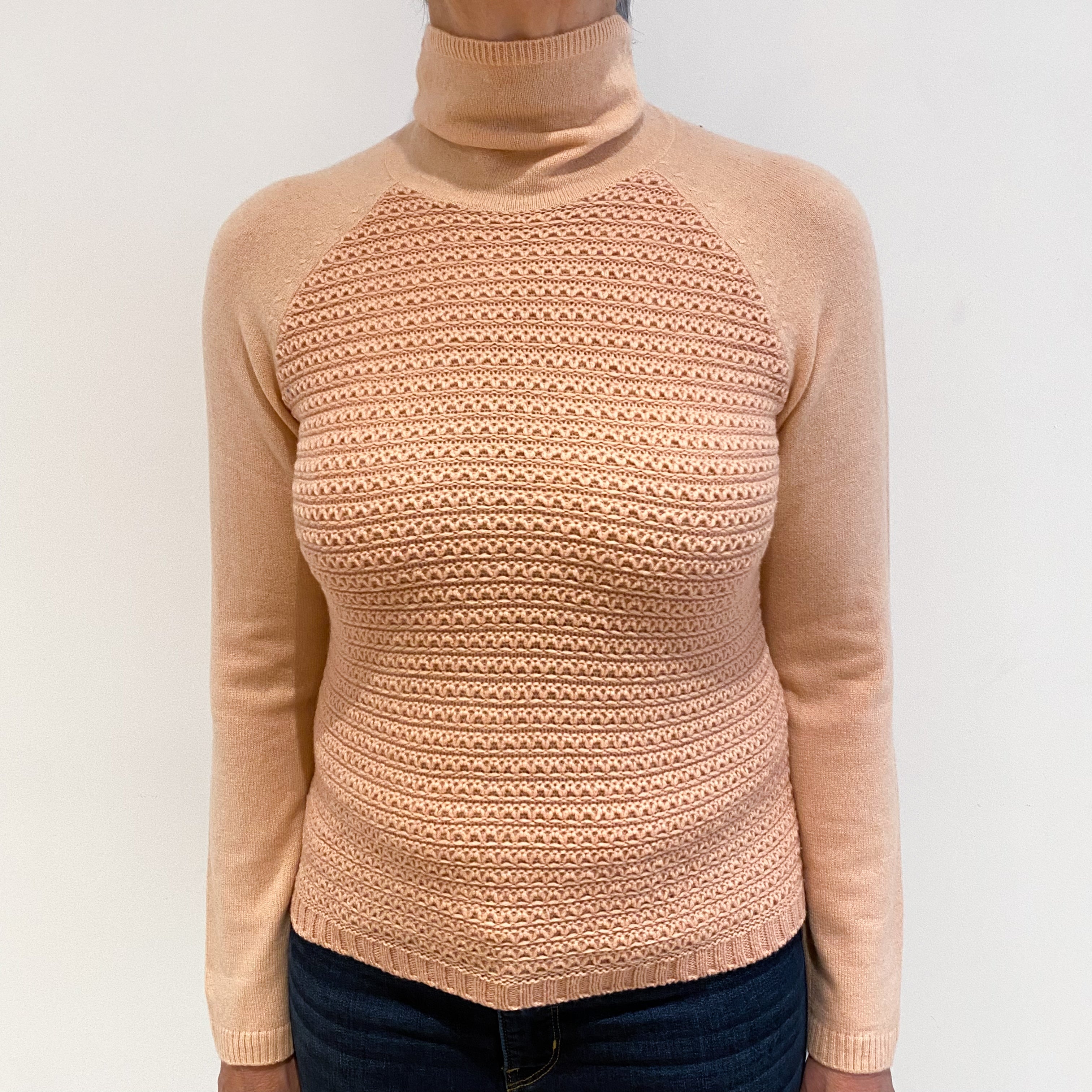 Peachy Pink Textured Cashmere Turtle Neck Jumper Medium