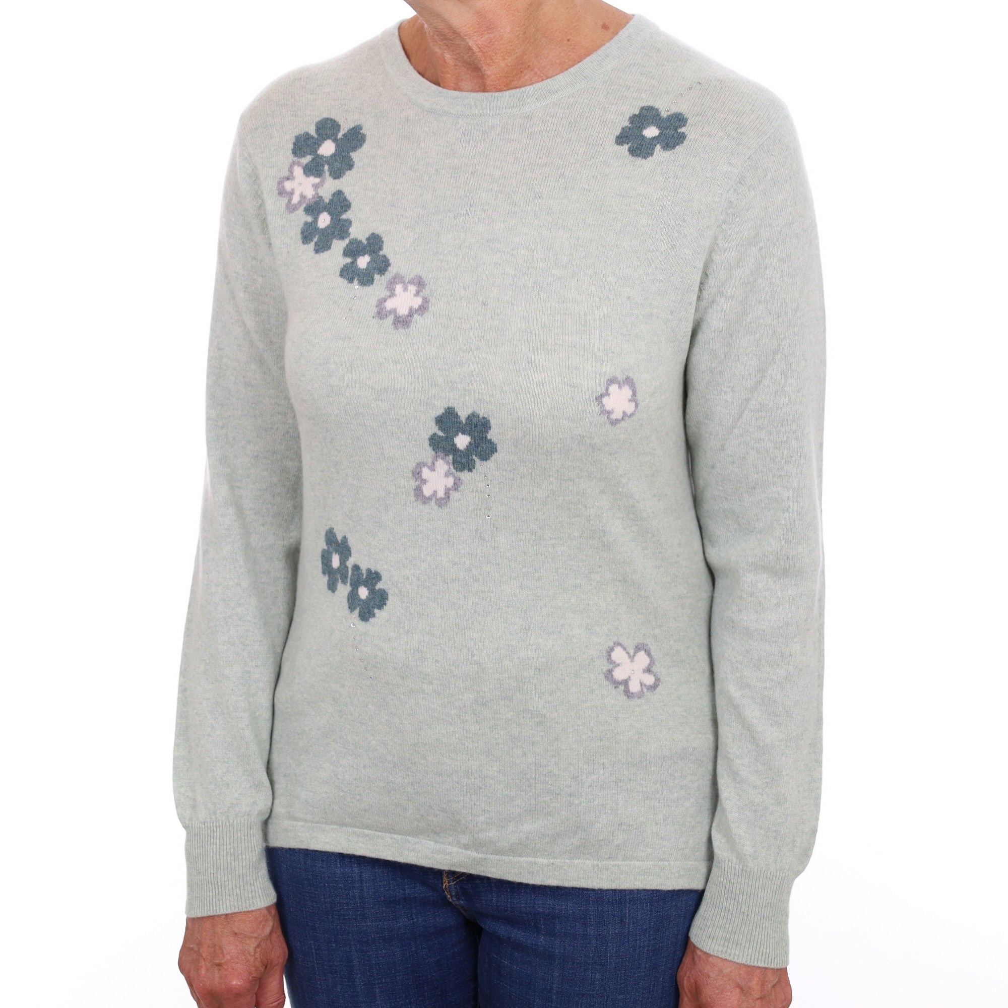 Chicory Green Floral Cashmere Crew Neck Jumper Medium