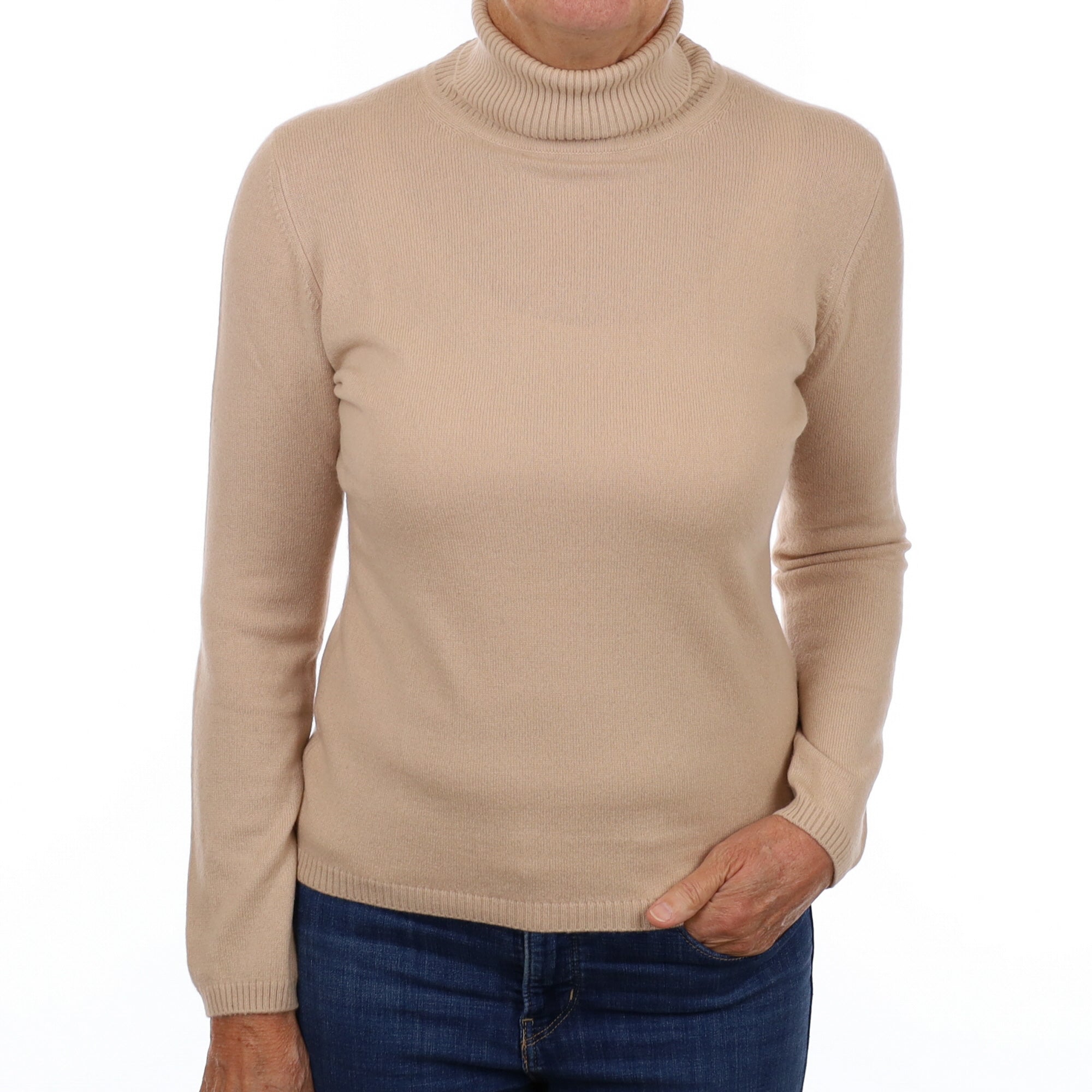 Buff Beige Cashmere Polo Neck Jumper Medium