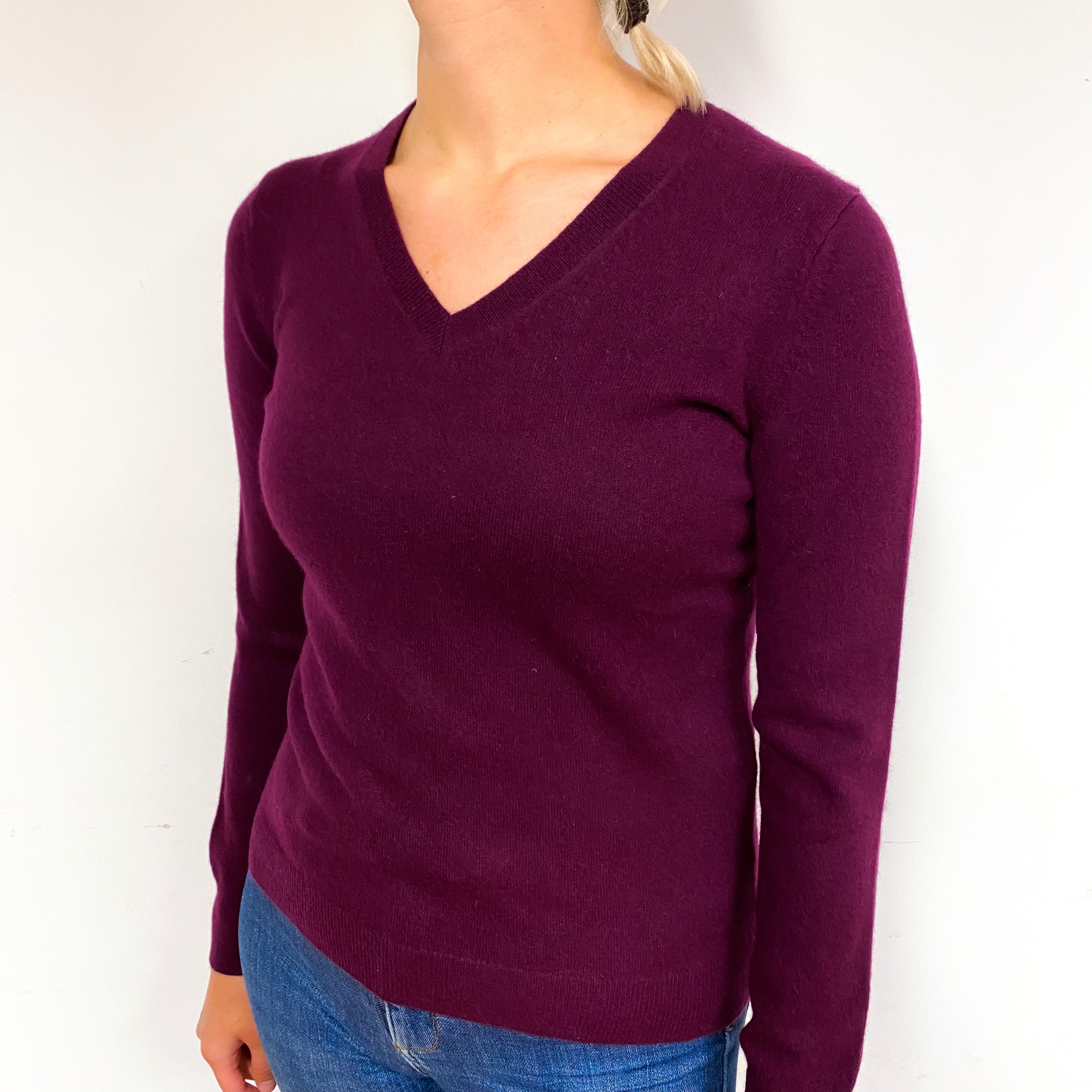 Aubergine Purple Cashmere V-Neck Jumper Small