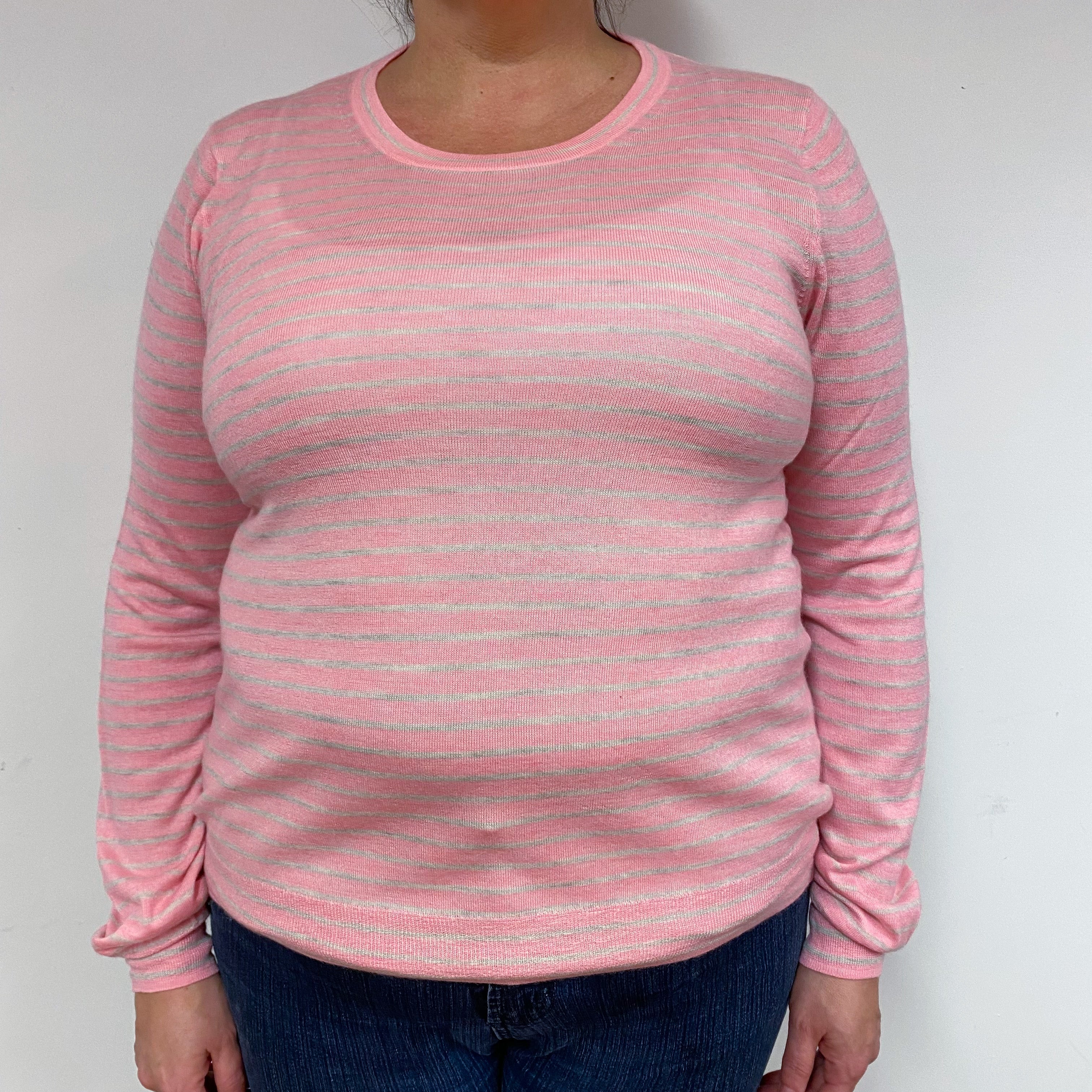 Pink Stripe Fine Knit Cashmere Crew Neck Jumper Extra Large