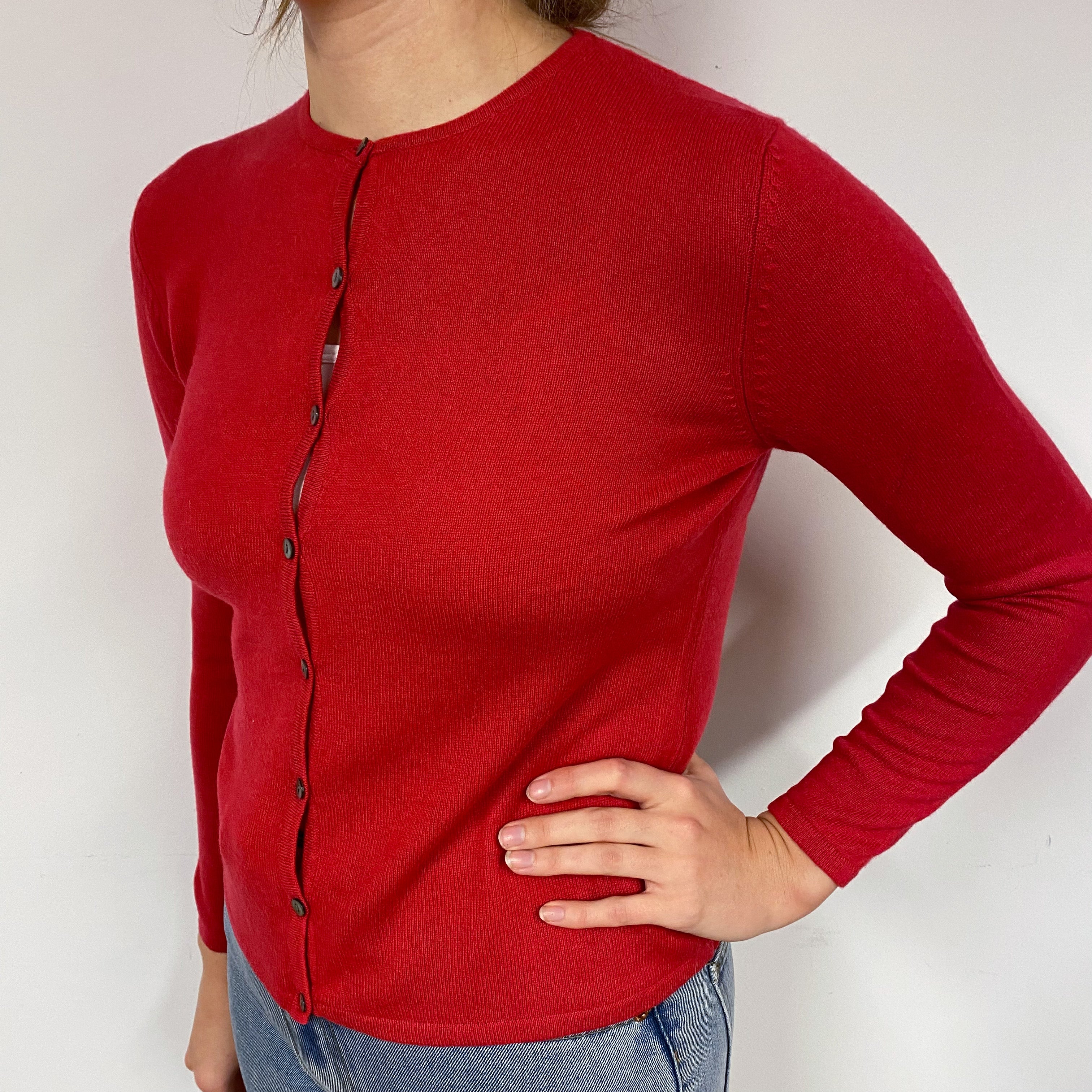 Post Box Red Cashmere Crew Neck Cardigan Small