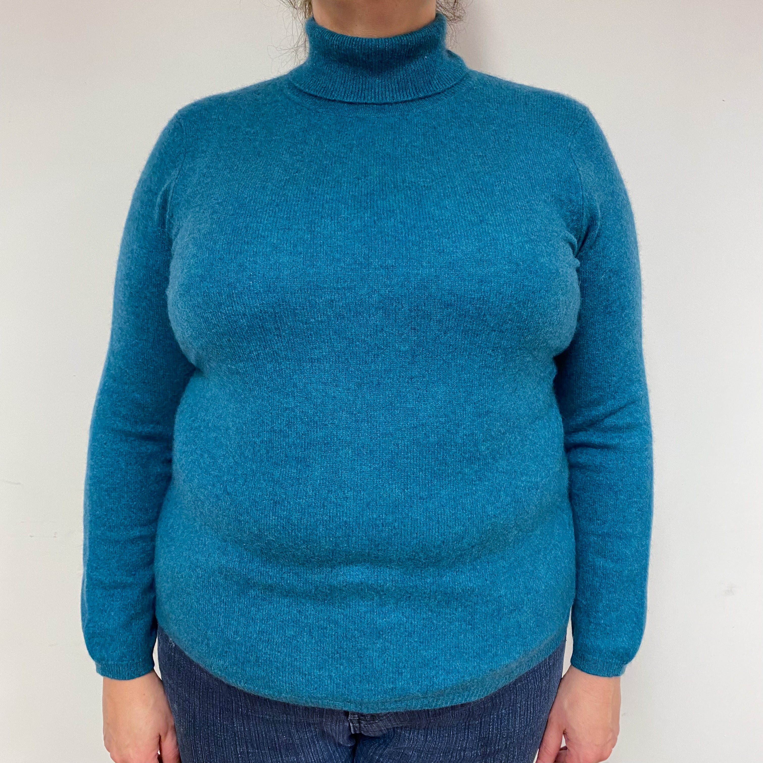 Teal Blue Cashmere Polo Neck Jumper Extra Large