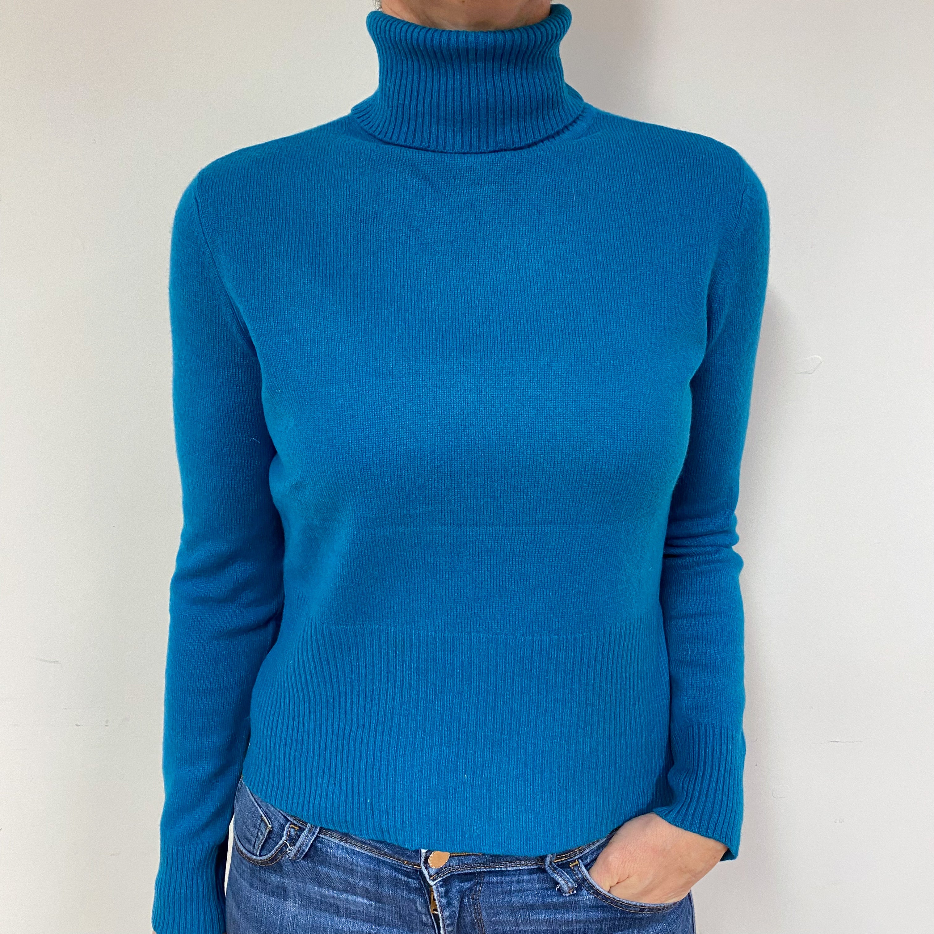 Teal Blue Cashmere Polo Neck Jumper Medium