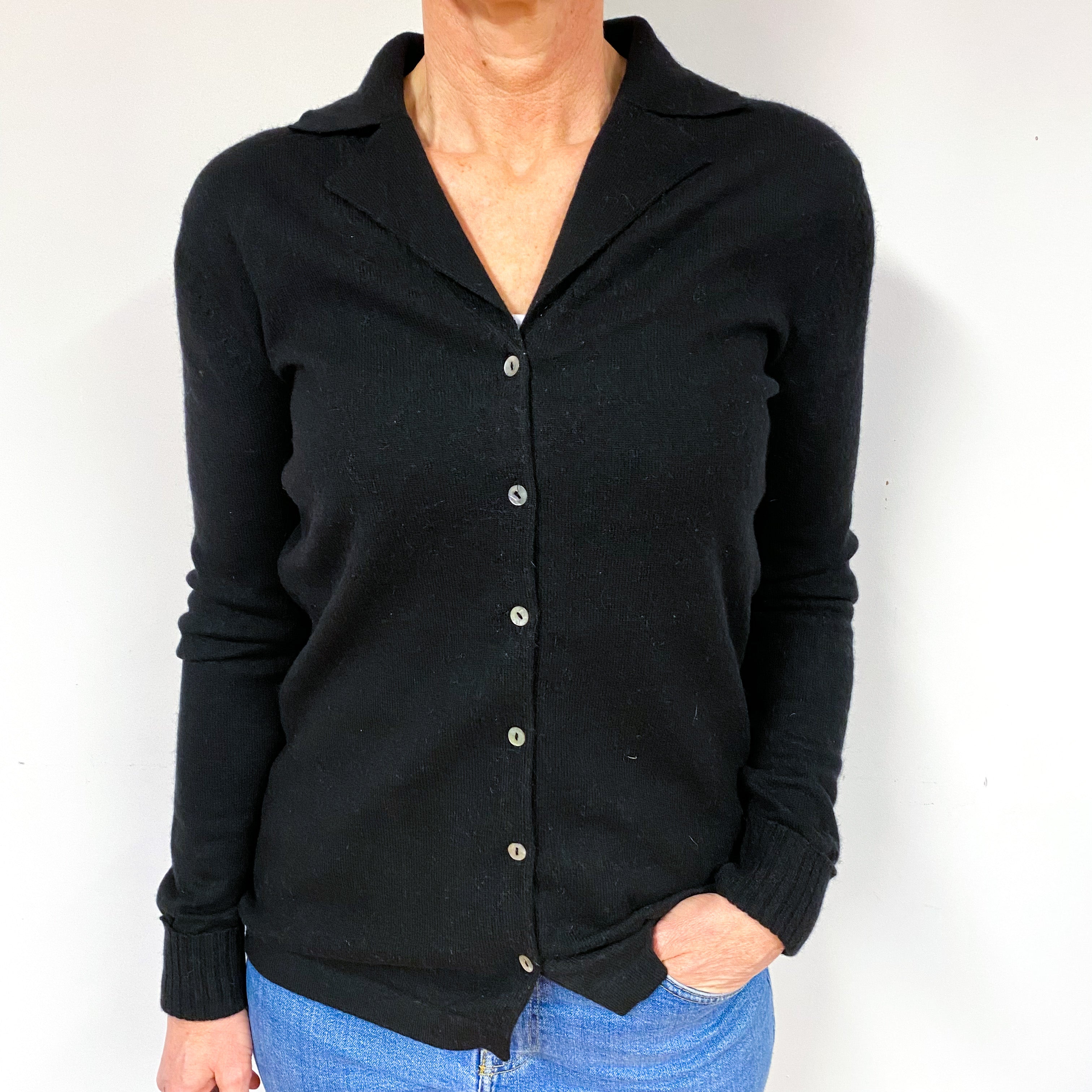 Black Cashmere V- Neck Collared Cardigan Medium