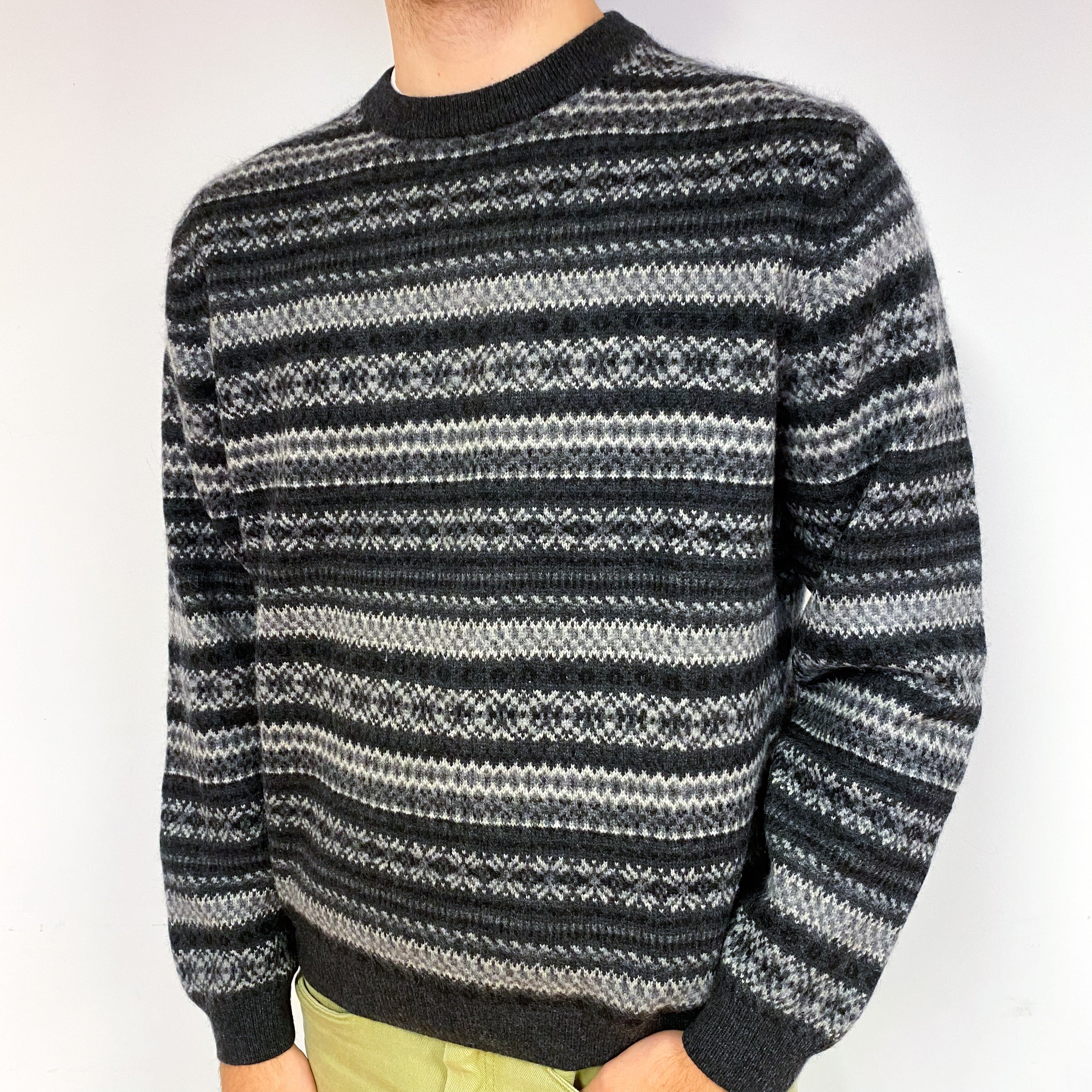 Men's Grey Fair Isle Cashmere Crew Neck Jumper Large