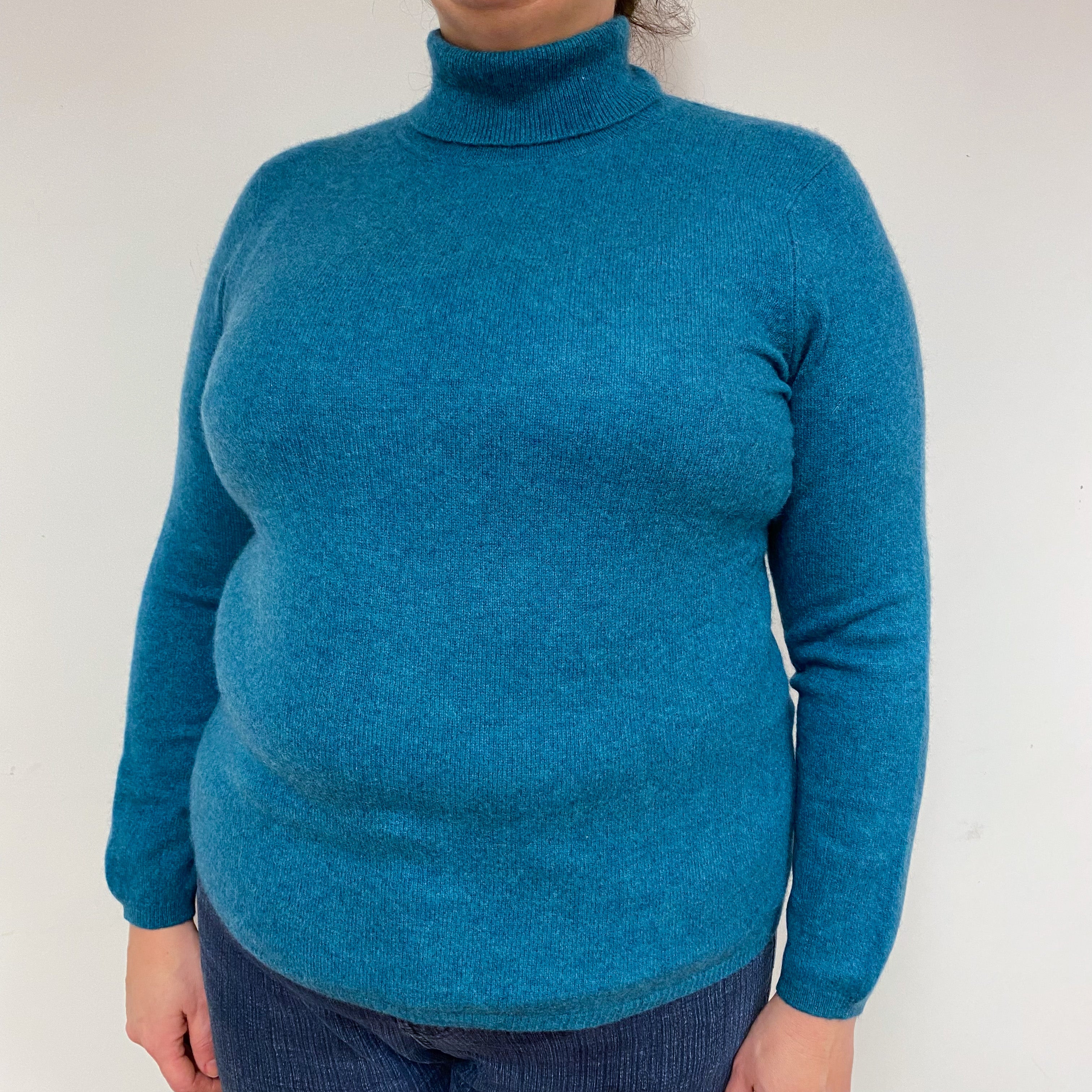 Teal Blue Cashmere Polo Neck Jumper Extra Large