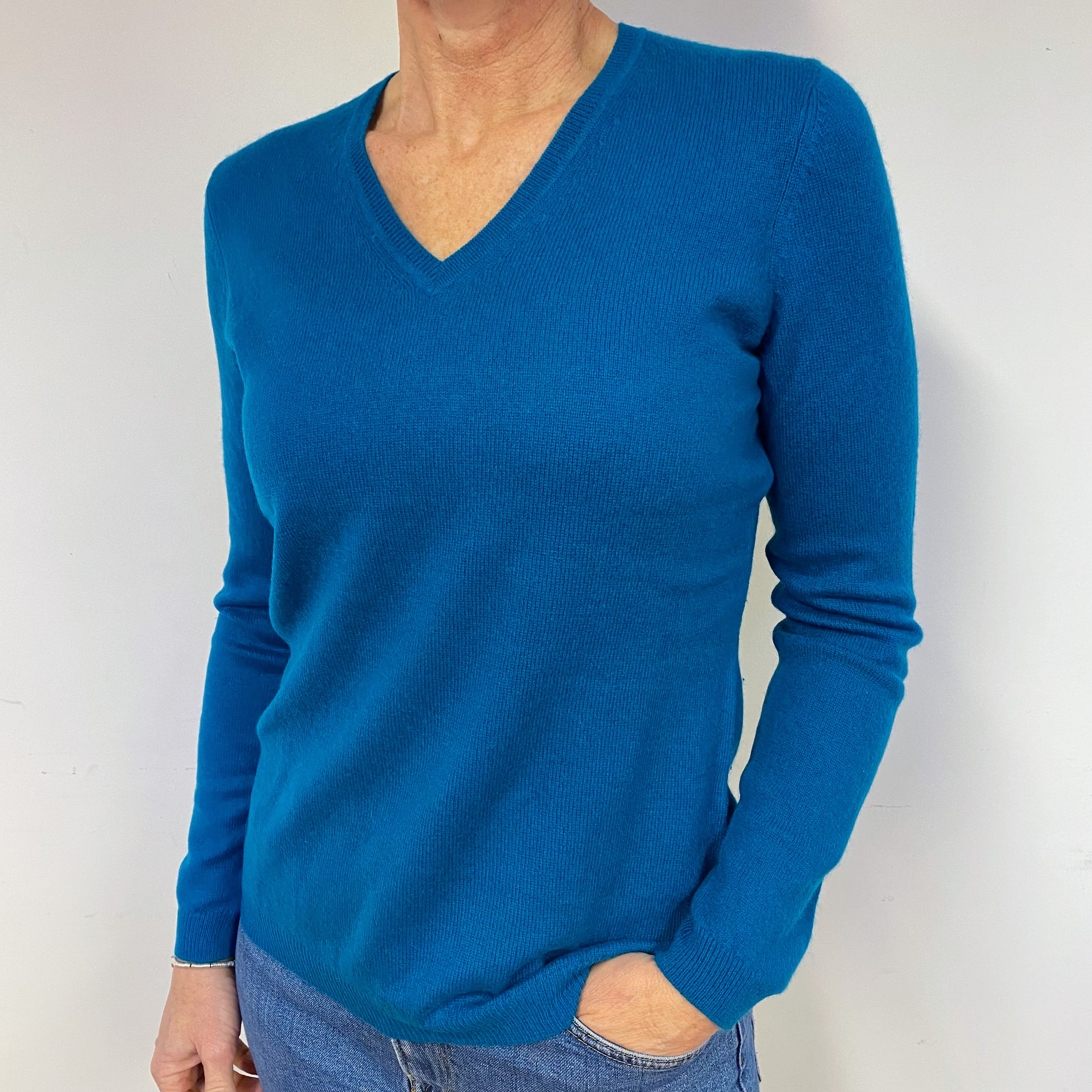 Teal Blue Cashmere V-Neck Jumper Medium