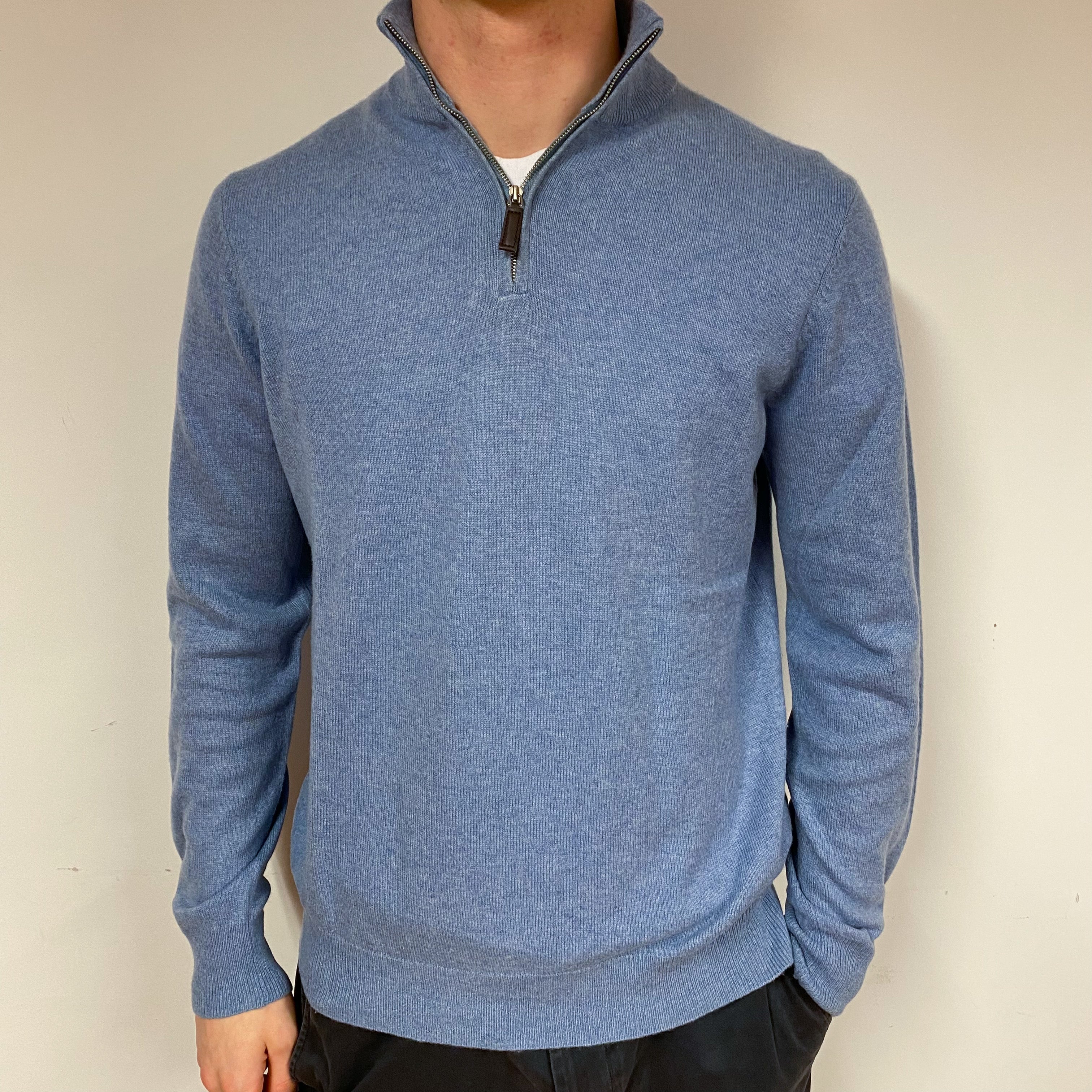 Men's Sky Blue Cashmere Quarter Zip Jumper Large