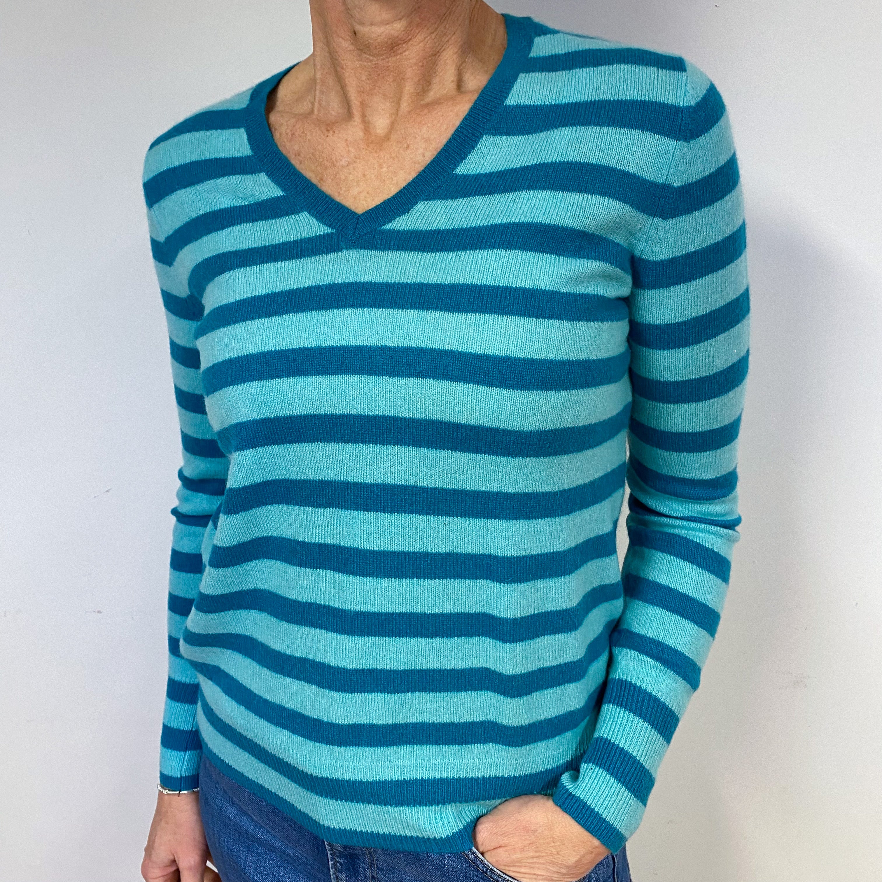Aqua and Teal Stripe Cashmere V-Neck Jumper Medium