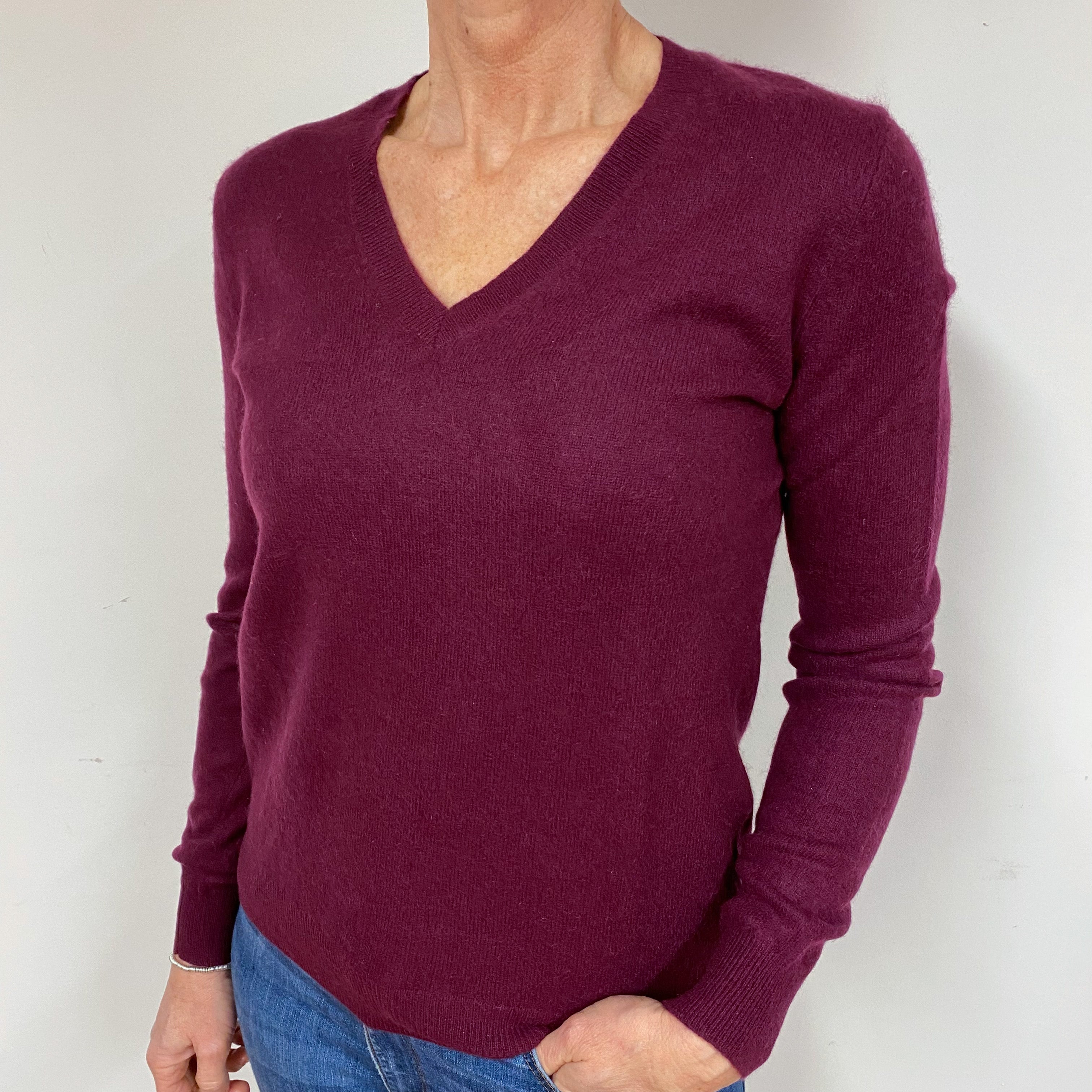 Mulberry Purple Cashmere V-Neck Jumper Medium