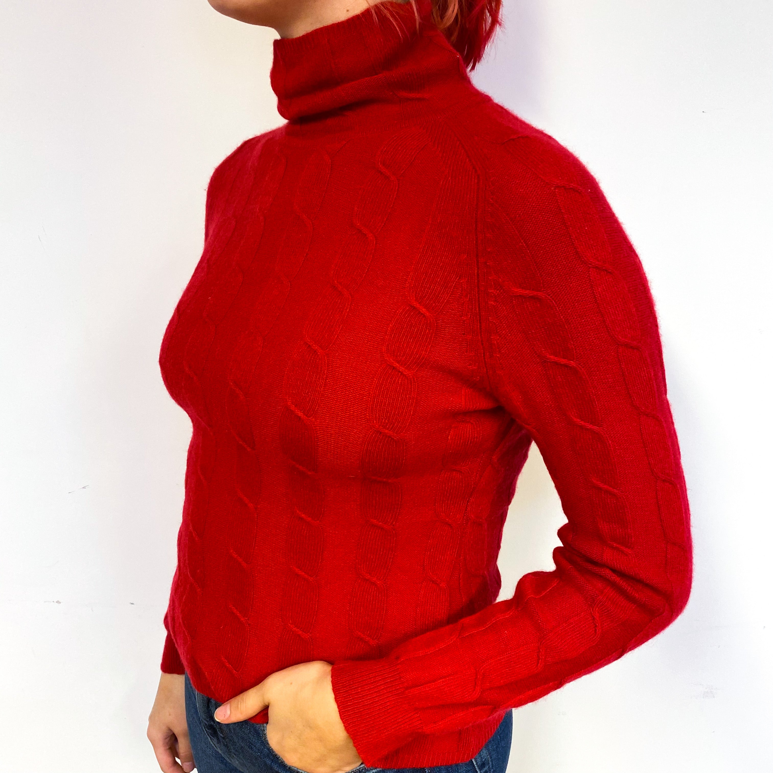 Post Box Red Cable Cashmere Turtle Neck Jumper Small