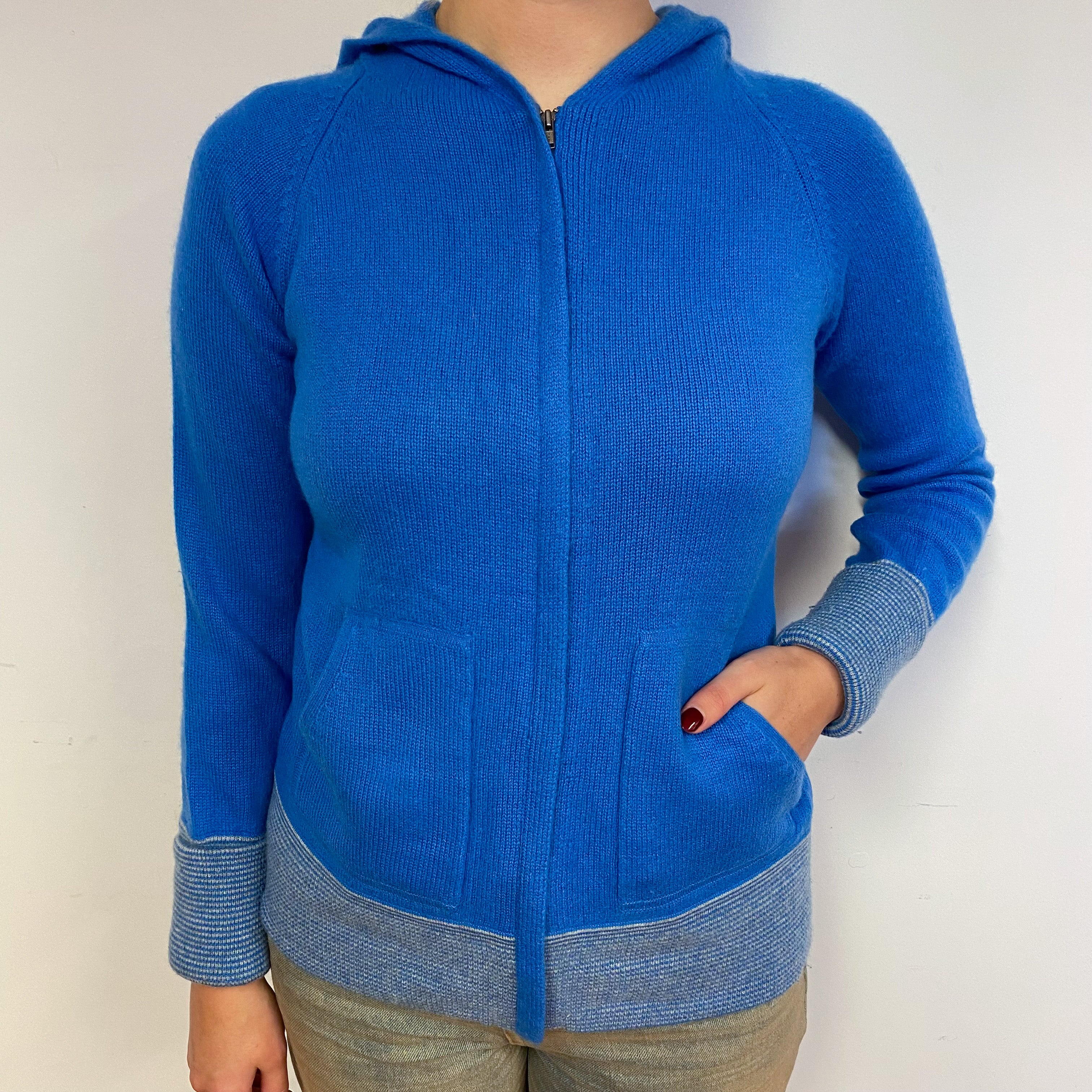 Tanzanite Blue Cashmere Zip Front Hoodie Jumper Small