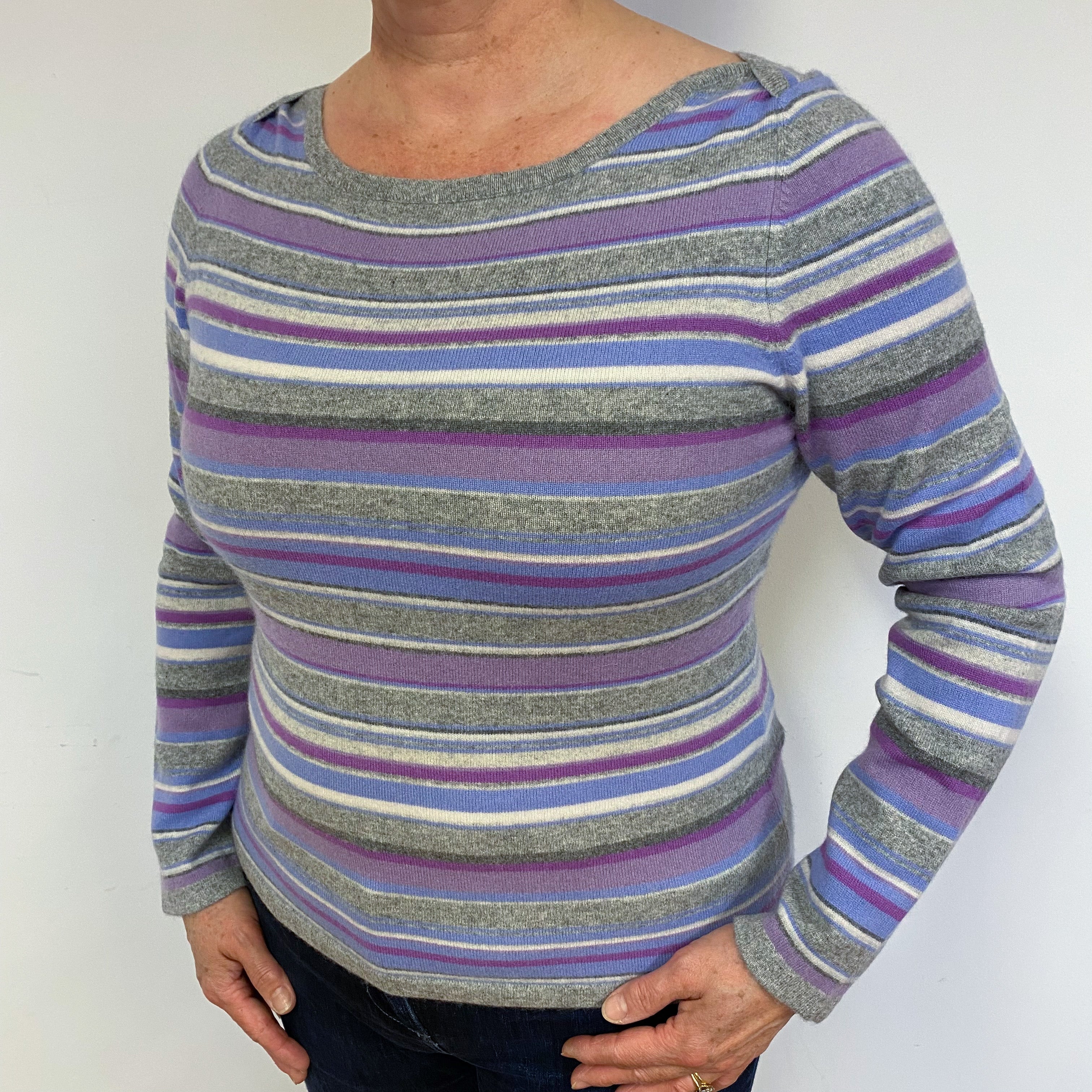 Purple and Grey Stripe Cashmere Crew Neck Jumper Large