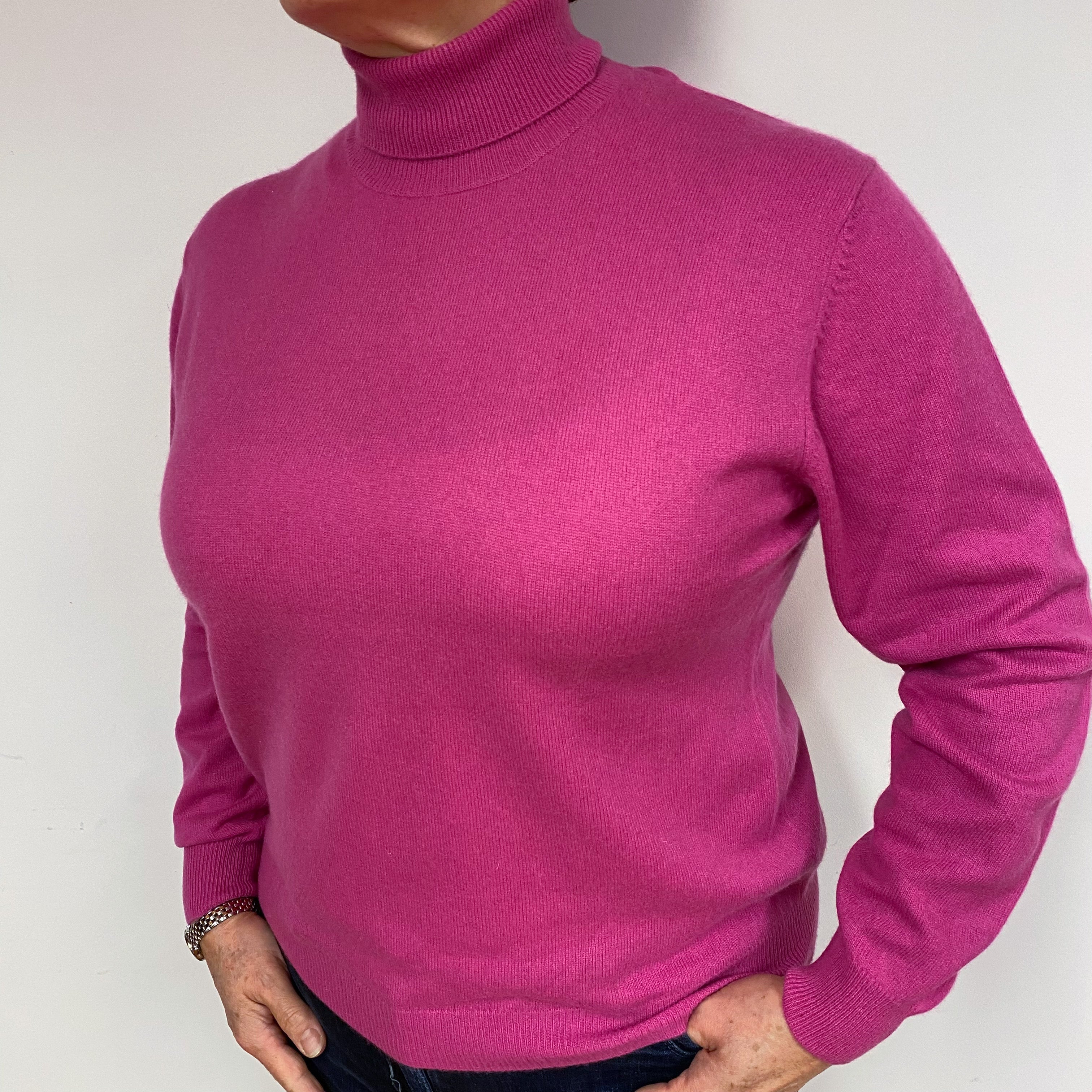 Fuchsia Pink Cashmere Polo Neck Jumper Large