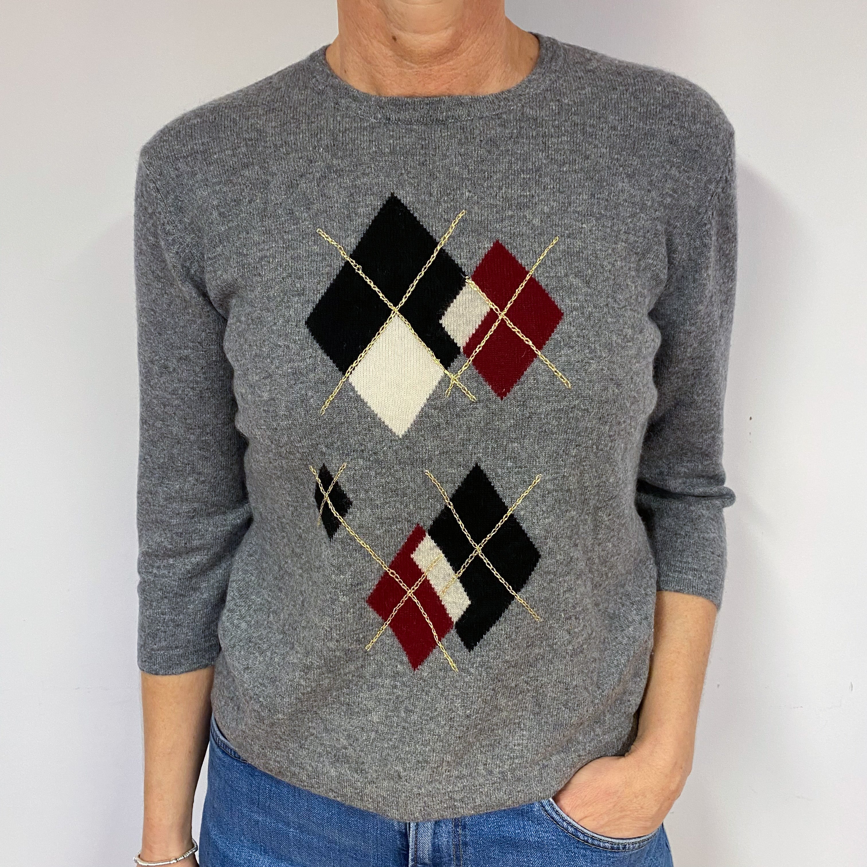 Steel Grey Diamond Cashmere Crew Neck Jumper Medium