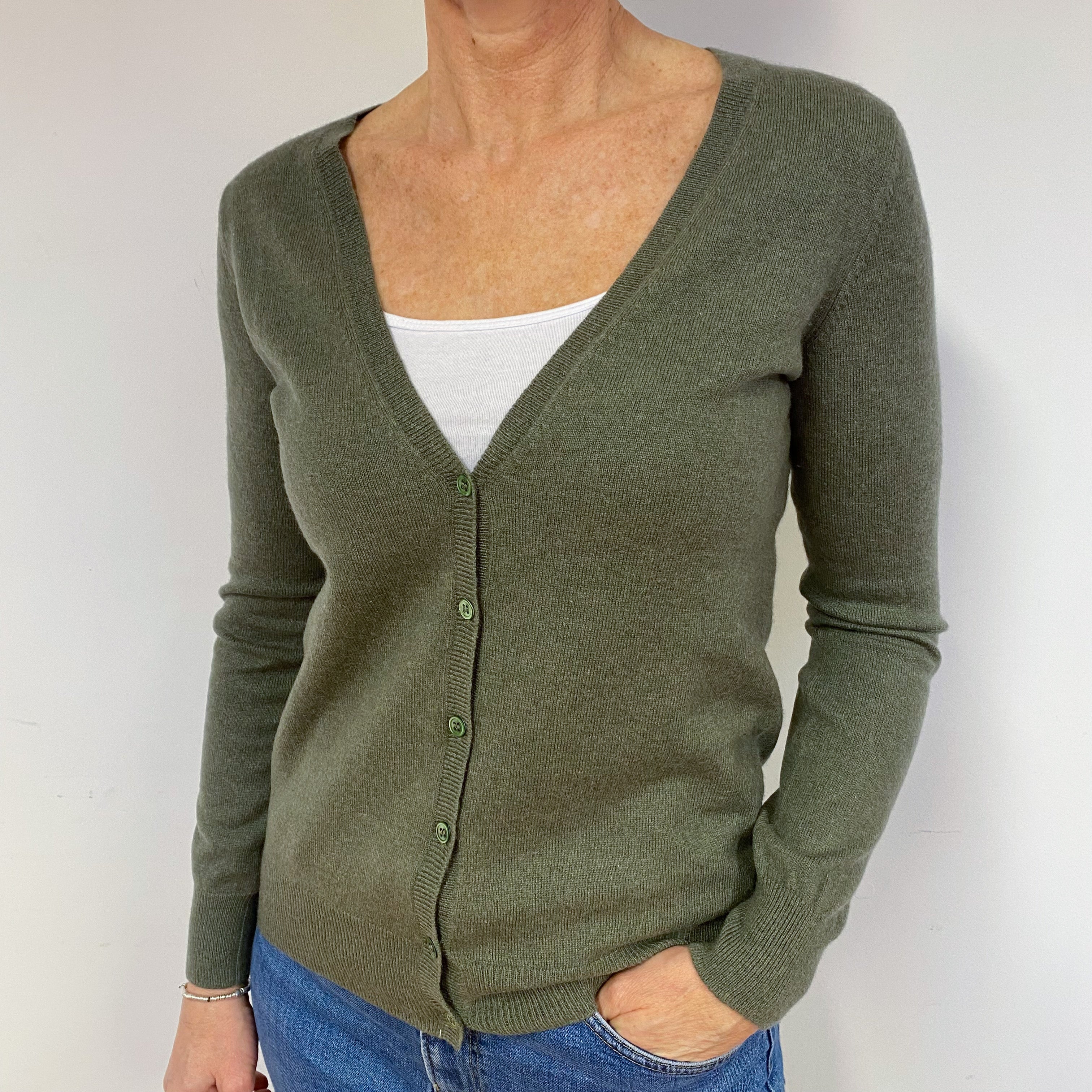 Khaki Green Cashmere V-Neck Cardigan Medium