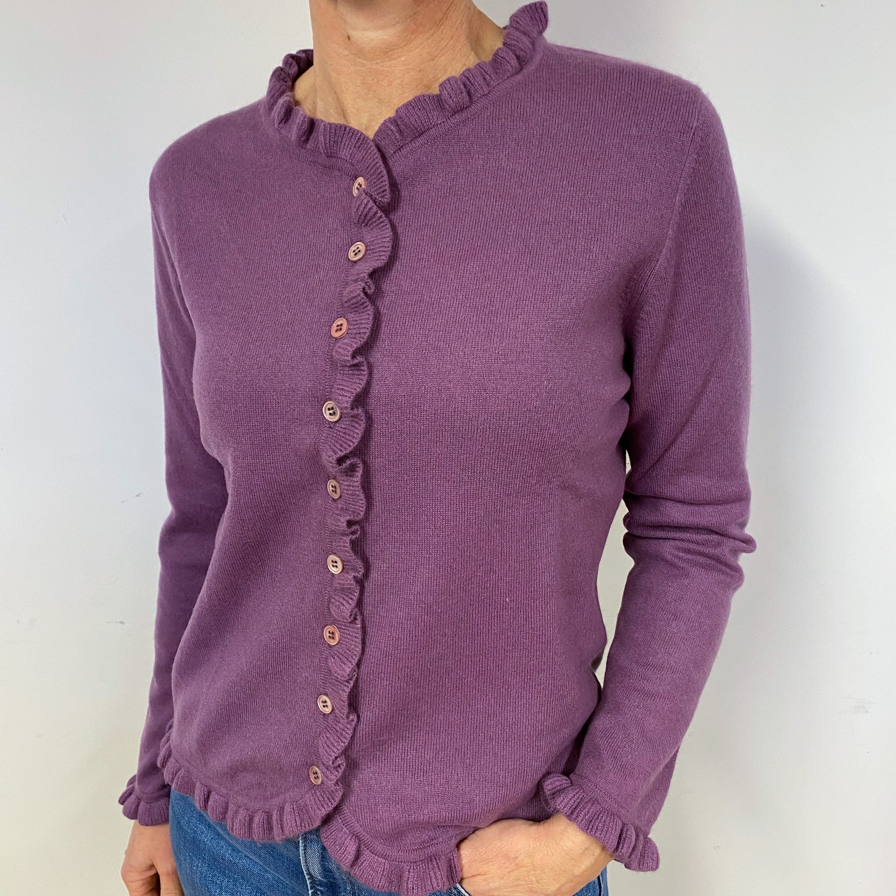 Plum Purple Cashmere Frill Trimmed Cardigan Medium