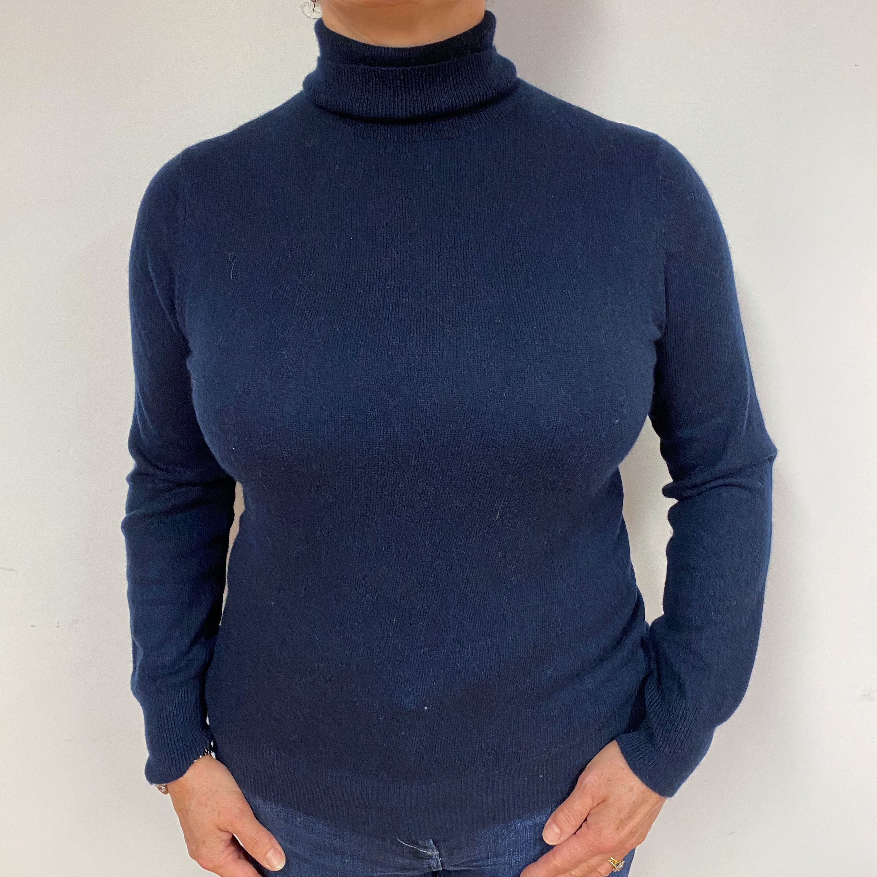 Navy Blue Cashmere Polo Neck Jumper Large