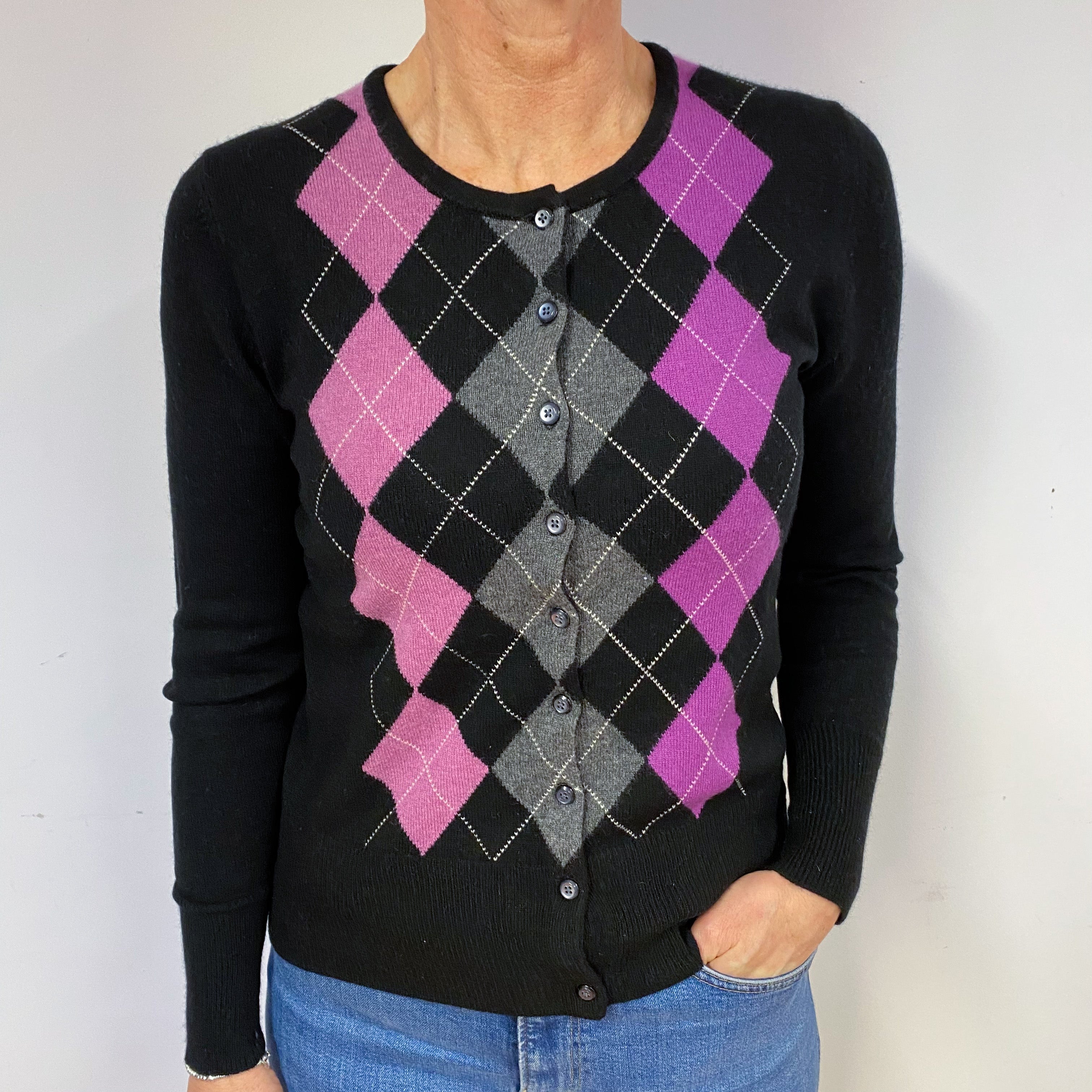 Black Magenta Diamond Cashmere Cardigan Medium