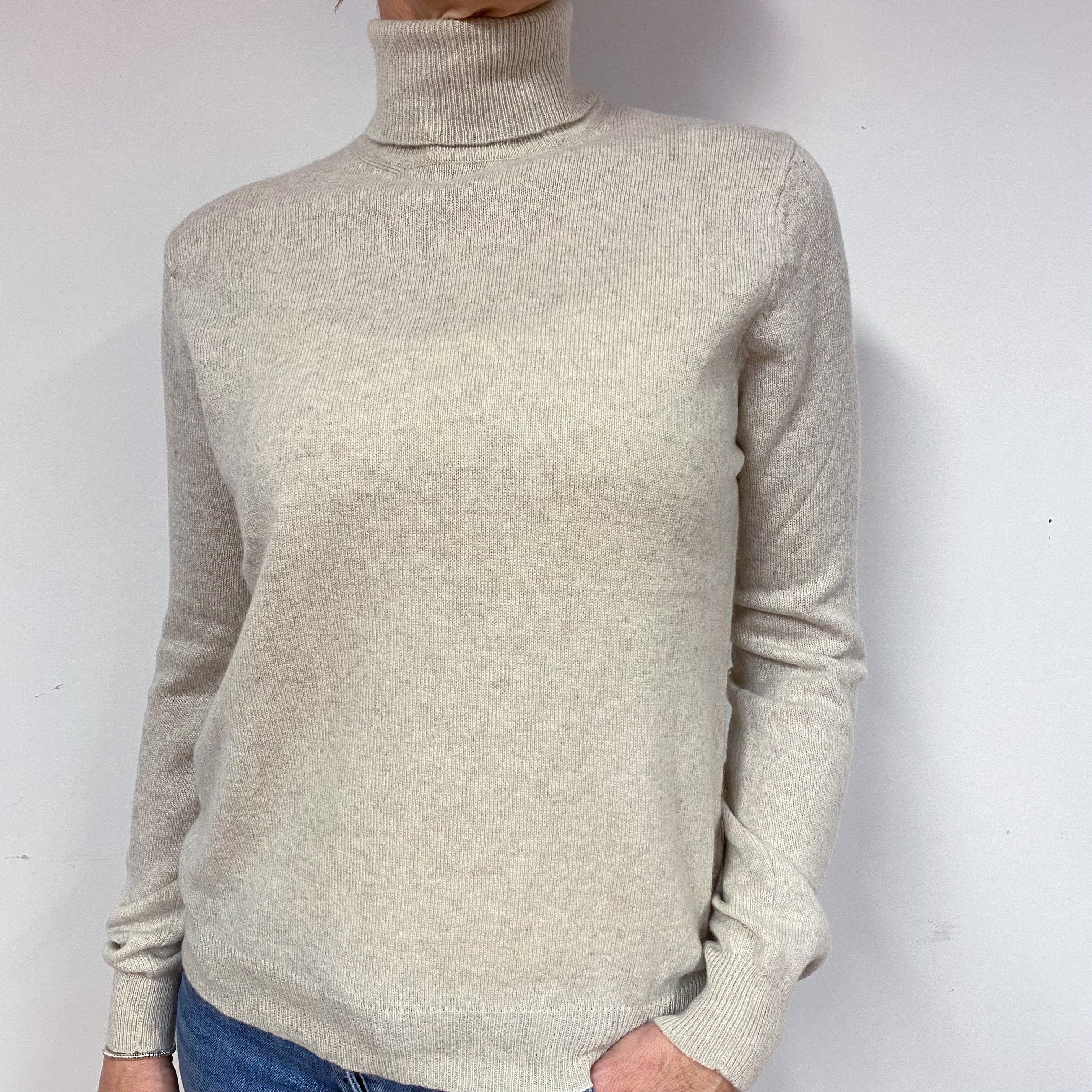 Oatmeal Beige Cashmere Polo Neck Jumper Medium