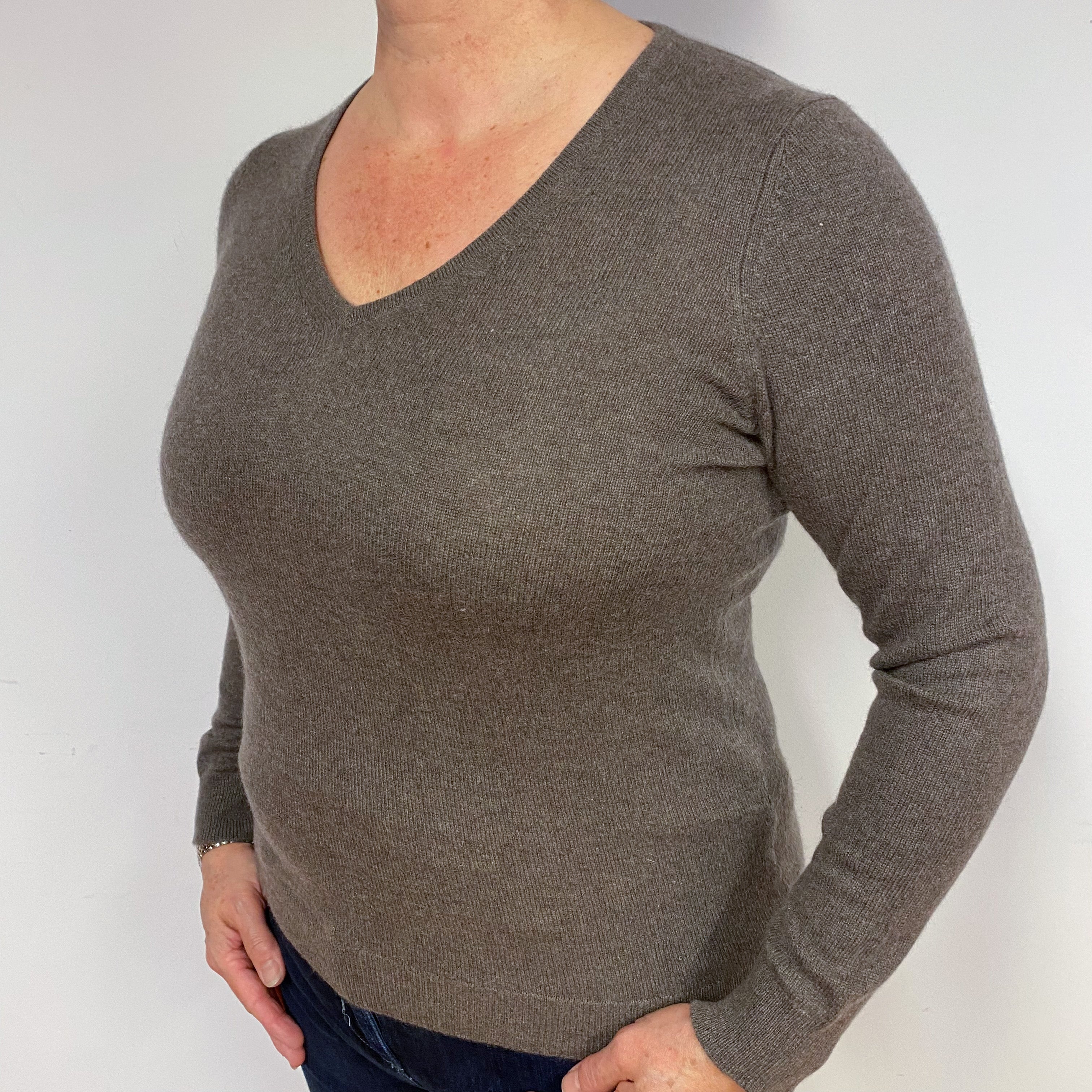 Mole Brown Cashmere V-Neck Jumper Large